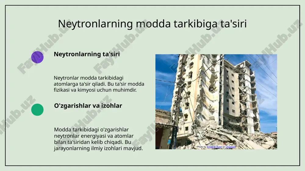 qotlar va yangi texnologiyalarni rivojlantirishda muhim ahamiyatga ega. neytronlar atom tuzilishida muhim rol o'ynaydi. ular energiya ishlab chiqarishda va tibbiyotda qo'llaniladi, masalan, radioterapiya va diagnostika jarayonlarida. foydalanilgan adabiyotlar 1. khalilov, u. s. neytronlarning modda bilan o'zaro ta'siri: tadqiqotlar va natijalar. o'zbekiston milliy universiteti, 2021 2. sukurov, a. n. neytronlar va ularning modda ichidagi harakatlari. fizika va astronomiya jurnali, 2022 3. abdullayev, b. neytronlar: atom tuzilishiga ta'siri va qo'llanilishi. o'zbekiston fanlar akademiyasi, 2020 4. akramov, r. neytronlar va modda: ilmiy tadqiqotlar. o'zbekiston respublikasi fanlar akademiyasi, 2023 5. ismoilov, t. neytronlar va materialshunoslik: yangiliklar va istiqbollar. materialshunoslik jurnali, 2022 e'tiboringiz uchun rahmat! image1.png image18.jpg image3.png image4.png image5.png image6.png image7.png image19.jpg image20.jpg image21.jpg image22.jpg image9.png image10.png image23.jpg image11.png image16.png image17.png