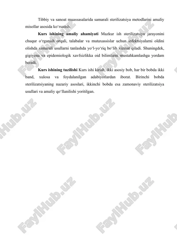 kelishi kerak. [4: tashpulatov i., qodirova z. zamonaviy sterilizatsiya usullari va nazorati. – nukus: “bilim”, 2022] xulosa qilib aytganda, sterilizatsiya tushunchasi barcha tirik mikroorganizmlarni to‘liq yo‘q qilishni anglatadi va inson salomatligini himoya qilish hamda turli sohalarda xavfsizlikni ta’minlash kabi muhim maqsadlarga xizmat qiladi. uning asosiy vazifalari patogen va saprofit mikroorganizmlarni yo‘q qilish, ularning ko‘payishini to‘xtatish, aseptik muhitni ta’minlash, materiallar sifatini saqlash va tegishli standartlarga rioya qilishdan iboratdir. sterilizatsiya jarayonlarining to‘g‘ri va samarali amalga oshirilishi jamiyat salomatligi va xavfsizligini ta’minlashning ajralmas qismidir. sterilizatsiya jarayoni bir necha bosqichlardan iborat bo‘lib, har bir bosqichda mikroorganizmlarning turli shakllariga qarshi ta’sir ko‘rsatiladi. mikroorganizmlar orasida eng chidamlilari spora holatida bo‘lgan bakteriyalardir. shuning uchun sterilizatsiya usuli ularni ham yo‘q qila olishi kerak. oddiy dezinfeksiyadan farqli ravishda, sterilizatsiya – ob’ekt ustida mavjud barcha mikroorganizmlarning to‘liq yo‘q qilinishini ta’minlaydi. sterilizatsiya tibbiyot amaliyotida, ayniqsa jarrohlikda alohida ahamiyatga ega. har bir jarrohlik asbobi, igna, shprits, bog‘lov materiallari, kateterlar, protezlar, laboratoriya idishlari …