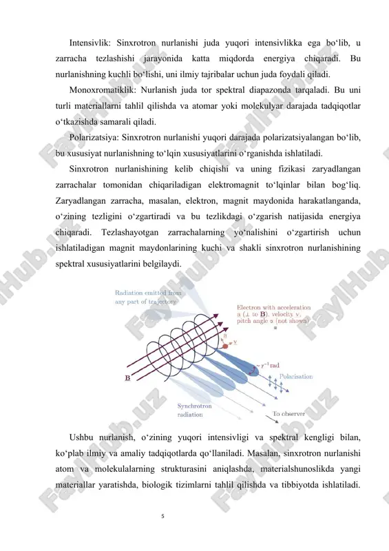q natijalarga erishish mumkin. masalan, materiallar fizikasida sinxrotron nurlanishi yordamida materiallarning elektron tuzilishini, kristallarning tuzilishini va mikrostrukturasini 8 o‘rganish mumkin. bu nurlanish turi, ayniqsa, materialshunoslik sohasida, yangi materiallar va nanoqurilmalarni yaratishda va sinovdan o‘tkazishda muhim ahamiyatga ega. sinxrotron nurlanishi biologiya va tibbiyot sohalarida ham qo‘llaniladi. masalan, biokimyoviy tahlillarda sinxrotron nurlanishi proteinlarning va boshqa organik molekulalarning tuzilishini o‘rganishda samarali vosita sifatida ishlatiladi. xususan, proteinlar va fermentlar faoliyatining mexanizmlarini tushunish va yangi dori vositalarini ishlab chiqishda sinxrotron nurlanishining yordamidan keng foydalaniladi. sinxrotron nurlanishining yuqori rezolyutsiyasi va to‘liq spektral tahlil qilish imkoniyatlari tibbiyotda yangi diagnostika usullarini rivojlantirishga yordam beradi. sinxrotron nurlanishining o‘ziga xos xususiyatlari nafaqat ilmiy tadqiqotlarda, balki sanoatda ham qo‘llaniladi. misol uchun, sinxrotron nurlanishidan yuqori aniqlikdagi mikro- va nanodimensional tahlil qilishda foydalaniladi. bu texnologiyalar, o‘z navbatida, elektronika, avtomobilsozlik va boshqa sanoat sohalarida sifatni oshirishga va yangi mahsulotlarni yaratishga yordam beradi. sinxrotron nurlanishining keng diapazonda spektral tahlil qilish imkoniyati uning materiallar va elektronlar …