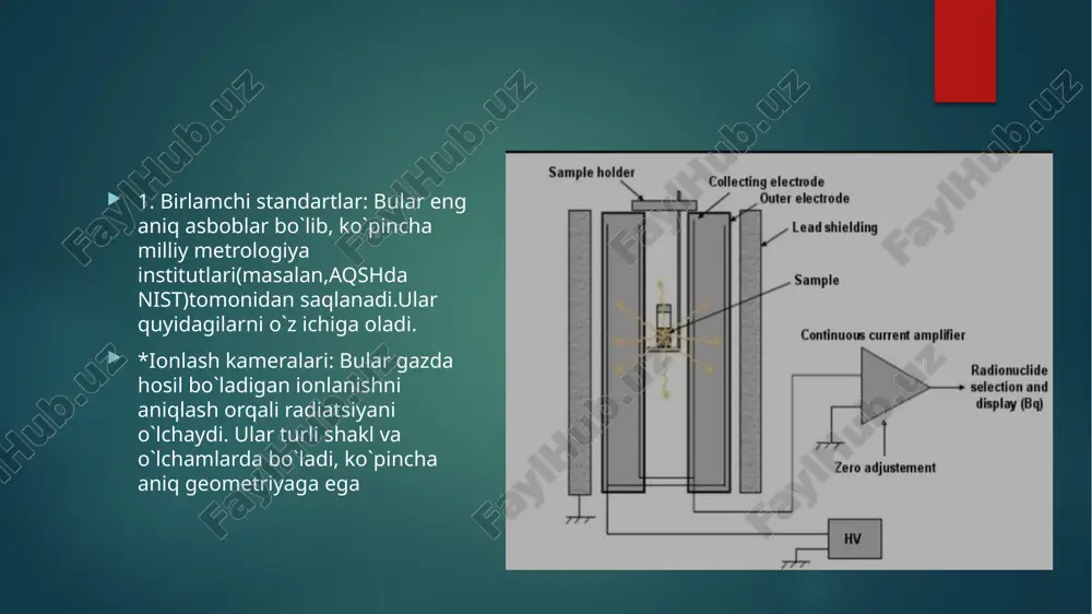 or xavfsizligi: radiatsiya terapiyasida dozaning aniq o'lchanishi bemorga to'g'ri doza berilishini ta'minlash uchun juda muhimdir. * radiatsion xavfsizlik: radiatsiya bilan ishlaydigan xodimlarning radiatsiya ta'sirini o'lchash va baholash uchun aniq dozimetriya muhimdir. * ilmiy tadqiqotlar: radiatsiya bilan bog'liq tadqiqotlarning ishonchliligi va taqqoslanishi uchun aniq dozimetriya zarurdir. * xalqaro taqqoslash: dozimetriya formalizmlari o'lchovlarning xalqaro miqyosda taqqoslanishini ta'minlaydi, bu esa xalqaro hamkorlik va standartlashtirish uchun muhimdir. dozimetriyadagi formalizmlar doimo rivojlanib boradi, chunki yangi o'lchov usullari, texnologiyalar va radiatsiya terapiyasi usullari ishlab chiqilmoqda.  grafit kolorimetr-bu kolorimetrdan inorat bir xil mos yozuvlar blokiga kiritilgan bir nechta konsentrik jismlardan, odatda uchtadan(ichkidan tashqariga: yadro,qobig`i va qalqon). yadro detektorining sezgir qismi bo`lib, u yerda radiatsiya ta`sirida harorat ko`tarilishi aniqlanadi. hisobot qilingan energiyadan ushbu elementda so`rilgan o`rtacha dozaning qiymatini aniqlash uchun uning massasi to`liq ma’lum bo`lishi kerak. diametri 6mm dan 30mm gacha bo`lgan yadrolari bilan bir nechta grafit kolorimetrlari qurilgan.  ushbu o`rnatilishning turli jismlari bir-biri bilan to`g`ridan-to`g`ri …