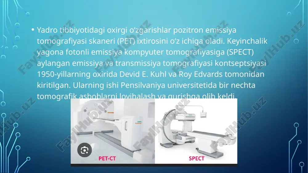 pet skanerini qurdi.” pet keng tarqalgan tasvirlash texnikasi, yadroviy tibbiyotda qoʻllanadigan tibbiy sintilografi texnikasi. radiofarmatsevtika – preparatga biriktirilgan radioizotop — tanaga izlovchi sifatida yuboriladi. gamma nurlari uch oʻlchamli tasvirni hosil qilish uchun gamma-kameralar tomonidan yigʻib olinadi va aniqlanadi, xuddi rentgen tasvirini olish kabi. pet skanerlari kompyuter tomografiyasini oʻz ichiga olishi mumkin va pet-kt skanerlari sifatida tanilgan. pet skaynerlash tasvirlari xuddi shu jarayon davomida bitta skayner yordamida amalga oshirilgan kompyuter tomografiyasi yordamida qayta tiklanishi mumkin. pet skanerining kamchiliklaridan biri uning yuqori boshlangʻich narxi va doimiy operatsion xarajatlaridir. u oʻsmalarni tasvirlashda va klinik onkologiya sohasida metastazlarni qidirishda va turli xil demensiyalarni keltirib chiqaradigan baʼzi diffuz miya kasalliklarini klinik tashxislashda keng qoʻllanadi. pet oddiy inson miyasi, yurak faoliyati haqidagi bilimlarimizni oʻrganish va yaxshilash va dori vositalarini ishlab chiqishni qoʻllab-quvvatlash uchun qimmatli tadqiqot vositasidir. 16-boʻlakli kt bilan pet/kt-tizimi; shiftga oʻrnatilgan qurilma kt kontrast modda uchun. miyaning pet-mri termoyadroviy tasviri toʻliq tana pet-ct termoyadroviy tasviri …