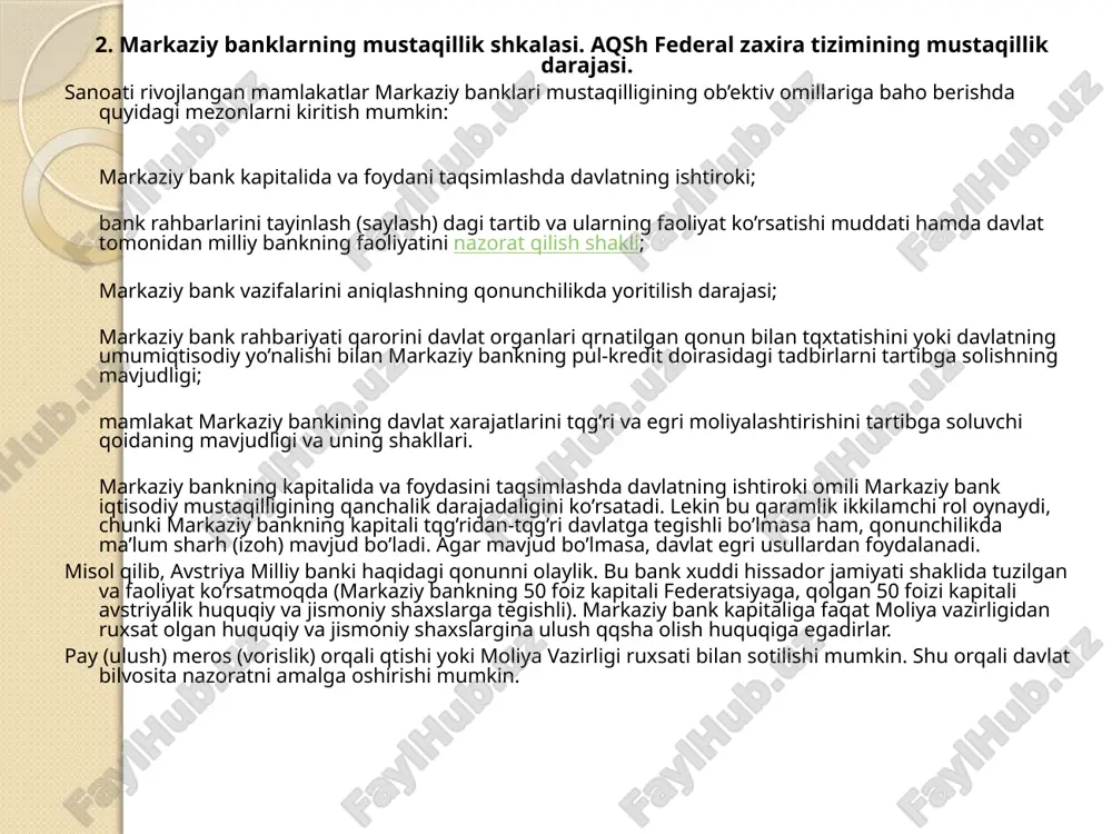 ishdan bqshatib bo’lmaydi. xukumatga yuqoridagi davlatlarga nisbatan qaramroq bo’lgan markaziy banklar bunga kirmaydi (italiya, frantsiya). markaziy bankning siyosiy mustaqilligini ko’rsatuvchi uchinchi omil, uning qonunda ko’rsatilgan faoliyati darajasi va maqsadlari hisoblanadi. bu omil bir tomondan, markaziy bank faoliyatini erkinligiga chegara qqysa, boshqa tomondan, uning qonunda ko’rsatilgan vakolatlarini aniqlaydi. bir qator mamlakatlarda, masalan, aqsh, shvetsiya, buyuk britaniya va italiyada markaziy bank vazifalarining ta’rifi qonunda qayd etilmagan yoki umumiy holda ko’rsatilgan, xolos. shunday bo’lsa ham, ikkala guruhda juda mustaqil va shu bilan birga qaramroq bo’lgan markaziy banklar bordir. shunday qilib, bu omilning ta’sirini faqat markaziy bankning tashkil topishi sharoiti va urf-odatlar tahlili bilangina kqrish mumkin. markaziy bankning vazifa va maqsadlari qonunda aniqlanish omili shu sababli ikkinchi darajali rol qynaydi. markaziy bank mustaqilligining belgilovchi omillardan biri, uning pul-kredit siyosatiga davlat organlarining aralashishini qonun boyicha qanchalik darajada qrnatil-ganligidadir. bu omil birinchi galda markaziy bankning siyosiy mustaqilligiga ta’sir ko’rsatadi. mustaqillik darajasi nisbatan past bo’lgan markaziy banklarga …