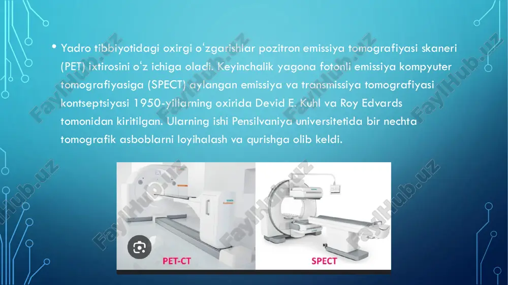 i.” • pet keng tarqalgan tasvirlash texnikasi, yadroviy tibbiyotda qoʻllanadigan tibbiy sintilografi texnikasi. radiofarmatsevtika – preparatga biriktirilgan radioizotop — tanaga izlovchi sifatida yuboriladi. gamma nurlari uch oʻlchamli tasvirni hosil qilish uchun gamma-kameralar tomonidan yigʻib olinadi va aniqlanadi, xuddi rentgen tasvirini olish kabi. pet skanerlari kompyuter tomografiyasini oʻz ichiga olishi mumkin va pet-kt skanerlari sifatida tanilgan. pet skaynerlash tasvirlari xuddi shu jarayon davomida bitta skayner yordamida amalga oshirilgan kompyuter tomografiyasi yordamida qayta tiklanishi mumkin. • pet skanerining kamchiliklaridan biri uning yuqori boshlangʻich narxi va doimiy operatsion xarajatlaridir. • u oʻsmalarni tasvirlashda va klinik onkologiya sohasida metastazlarni qidirishda va turli xil demensiyalarni keltirib chiqaradigan baʼzi diffuz miya kasalliklarini klinik tashxislashda keng qoʻllanadi. pet oddiy inson miyasi, yurak faoliyati haqidagi bilimlarimizni oʻrganish va yaxshilash va dori vositalarini ishlab chiqishni qoʻllab-quvvatlash uchun qimmatli tadqiqot vositasidir. 16-boʻlakli kt bilan pet/kt-tizimi; shiftga oʻrnatilgan qurilma kt kontrast modda uchun. miyaning pet-mri termoyadroviy tasviri toʻliq tana pet-ct termoyadroviy …