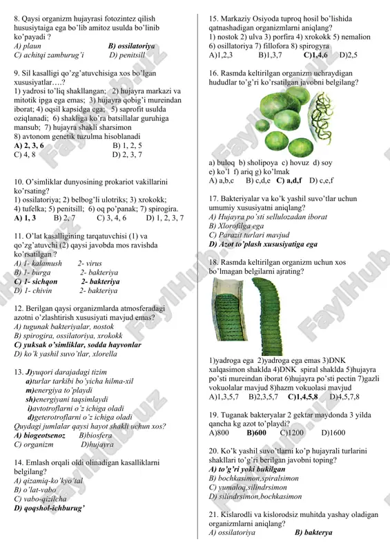ag 3) qizilcha 4) qizamiq 5) adenovirus 6) qutirish 7) ensefalit a) 2,4,6 b) 1,3,6,7 c) 2,5 d) 5,7 10. quyidagilar orasidan to’g’ri fikrlar sonini belgilang? a) qizamiq qo’zg’atuvchisi tarkibida t uchraydi b) adenovirus tarkibida u uchraydi c) tamaki mozaikasi virusi tarkibida u uchraydi d) viruslar o’z metobolizmiga ega emas a) 2 b) 3 c) 4 d) 1 11. viruslarning hujayra ichiga kirib boorish yo’lini ketma-ketlikda joylashtiring? 1) hujayra sirtidagi maxsus oqsil-retseptor bilan bog’lanish sodir bo’ladi 2) hujayra oralig‘i muhitidagi suyuqlikdan hosil bo‘lgan pinositoz vakuolalar orqali tasodifan hujayra ichiga virus kiradi 3) virus bilan bog‘langan hujayraning qismi sitoplazmaga birlashib,vakuolaga aylanadi. 4) sitoplazmatik membranadan tashkil topgan vakuola qobig‘i boshqa vakuola yoki yadro bilan qo‘shiladi. 5) ular hujayra sirtidagi sezgir ma’lum retseptorni “tanib olish” xususiyatiga ega. 6) shu yo‘l bilan virus hujayraning barcha qismiga tarqaladi a) 2-1-3-5-6-4 b) 2-1-5-3-4-6 c) 2-1-4-5-3-6 d) 1-2-5-3-4-6 12. viruslarga mantiqiy to’g’ri bo’lgan javoblar sonini ko’rsating? a) …