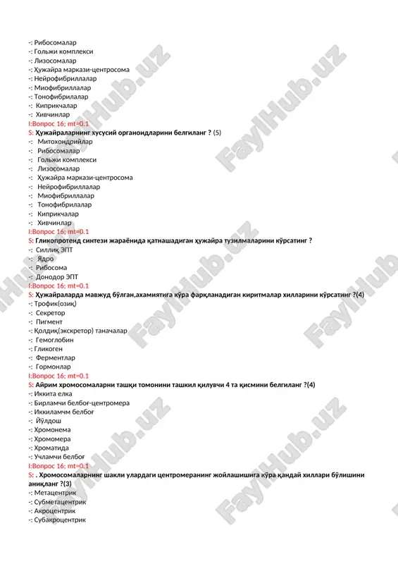 iyasida -: dnk sintezida -: atf sintezida i:vopros 16; mt=0.1 s: hujayralarning 5 ta umumiy organoidlarini ko'rsating ?(5) -: mitoxondriylar -: ribosomalar -: golji kompleksi -: lizosomalar -: hujayra markazi-tsentrosoma -: neyrofibrillalar -: miofibrillalar -: tonofibrilalar -: kiprikchalar -: xivchinlar i:vopros 16; mt=0.1 s: silliq endoplazmatik to'rning membranalarida sintezlanadigan 5 xil moddaning ko'rsating ?(5) -: yog'lar sintezi -: uglevodlar sintezi -: ayrim gormonlarni sintezi -: lipoidlar sintezi -: fosfolipidlar sintezi -: fermentlar sintezi -: vitaminlar sintezi -: insulin gormoni sintezi -: murakkab oqsillar sintezi -: vitamin va uglevodlar sintezi i:vopros 16; mt=0.1 s: mitoxondriyalar soni kam va ko'p bo'lgan hujayralarning ko'rsating ? (5) -: limfotsitlarda-ko'p -: jigar hujayralarida-kam -: mushak hujayralarida umuman bo'lmaydi -: limfotsitlarda-kam -: jigar hujayralarida-ko'p -: mushak hujayralarida-ko'p i:vopros 16; mt=0.1 s: hujayraning membranali va membranasiz organoidlarini ko'rsating ? (3) -: lizosomalar - membranali -: plastida - membranasiz -: mitoxondriylar - membranasiz -: endoplazmatik to'r - membranali …