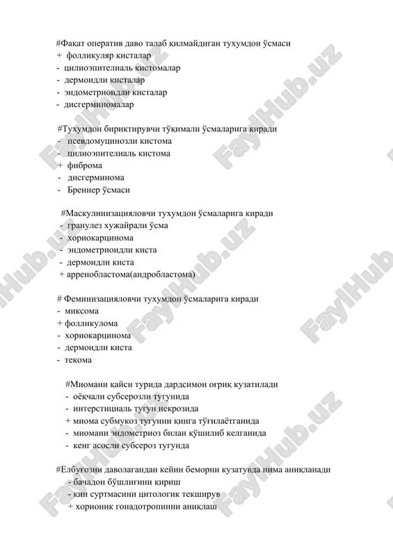 metriy rak oldi holatiga kiradi + adenomatozli polip - qaytalanuvchan endometriy bezli giperplaziyasi - atrofik endometriy - endometrit - displaziya #bachadon miomasini malignizatsiya belgilari - gormonoterapiyani samara bermasligi - qaytalanuvchi menometrorragiya + miomani postmenopauzada o'sib ketishi - miomani postmenopauzada kichrayib ketishi - bachadon miomasining reproduktiv yoshda tez o'sib ketishi #cun'iy urug'lantirish bajariladi - rokitanskiy-mayer-kyustner-xauzer sindromida - anovulyator tsiklli ayollarda - asherman sindromida + immunologik bepushtlikda - bachadon nayi bepushtligida #tuxumdon yomon sifat o'smasini kompleks davolashda asosiy usul + ximioterapiya va operativ davolash - operativ davolash + rentgenoterapiya - rentgenoterapiya va gormonoterapiya - gormonoterapiya va operativ davolash - ximiogormonoterapiya #meygs sindromi kuzatiladi - tuxumdon raki og'ir formalarida + tuxumdon fibromasida - tuxumdon tekomasida - brenner o'smalrida - disgerminomda #retrotservikal endometriozga + xayz kelayotganda og'riq, meteorizm, ich qotishi simptomlari xos - bimanual tekshiruvda diagnoz qo'yish qiyin - gisterografiyada diagnoz qo'yiladi - pnevmopelviografiyada diagnoz qo'yiladi - faqat operatsiya yo'l bilan davolanadi #ichki endometrioz …