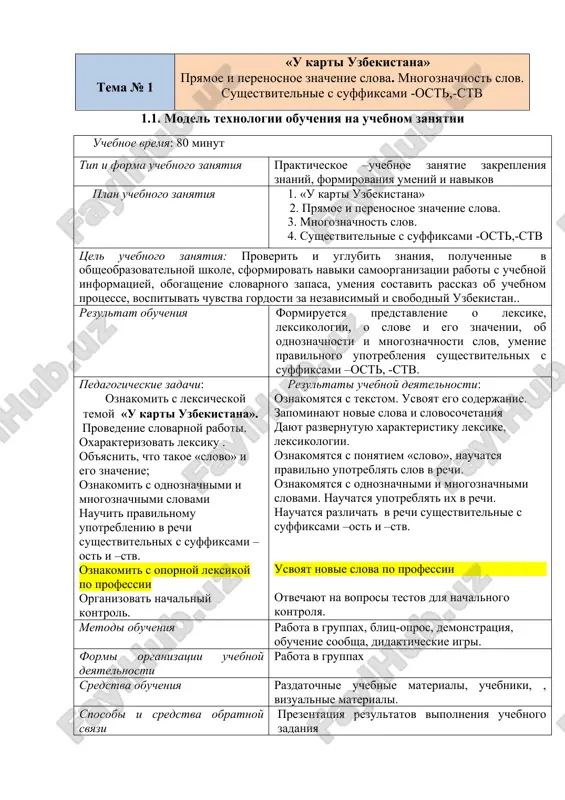 tu auditorii, gotovnost uchashixsya k zanyatiyu. provodit pereklichku i zapolnyaet jurnal. opredelenie tseli i zadachi zanyatiya. 1.2. soobshaet temu, tsel i planiruemie uchebnie rezultati. 1.3. znakomit s planom, s kriteriyami otsenok. nazivaet spisok ispolzuemoy literaturi. (prilojenie 1), (prilojenie 2) . gotovyatsya k zanyatiyu slushayut, zapisivayut, utochnyayut, zadayut voprosi. 2 etap. osnovnoy 65 min 2.2. aktualizatsiya poluchennix znaniy. 2.1. provodit “blits-opros” (prilojenie 3) 2.3. ob'yasnenie novogo materiala rasskazivaet o roli russkogo yazika v sovremennom mire. oznakomit s tekstom «u karti uzbekistana» (prilojenie 4) 2.3. provodit testirovanie dlya nachalnogo kontrolya. (prilojenie 5) 2.4. provodit besedu po teme demonstriruet slaydi (prilojenie 6)pryamoe i perenosnoe znachenie slova .predlagaet postroit «diagrammu venna» (prilojenie 7) mnogoznachnost slov. sushestvitelnie s suffiksami –ost,-stv. 2.5. dayot uchebnie zadaniya. (prilojenie 8,9) 2.6. provodit didakticheskuyu igru. (prilojenie 10) uchastvuyut. otvechayut slushayut, chitayut, zapisivayut opornie slova vipolnyayut testovie zadaniya. zapisivayut i zapominayut novie pravila. sostavlyayut «diagrammu venna» smotryat i izuchayut slaydi. vipolnyayut …