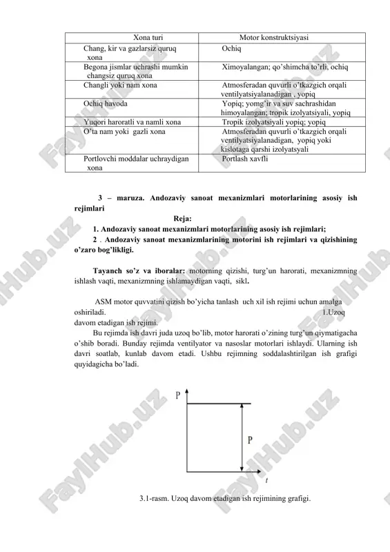 ib keladi. o’z navbatida quvvati ko’p bo’lgan motor tanlanganida esa mexanizmning iqtisodiy ko’rsatkichlari pasayishiga, uni qimmat bo’lishiga va energiyaning ko’p sarf bo’lishiga olib keladi. bu holatda elektr yritmalarning birlamchi narhi ko’payishiga, motorning fik kamayishi oqibatida energiya ko’p sarflanishiga va bundan tashqari o’zgaruvchan tokli moslamalarda quvvat koeffisiyenti yomonlashishiga sabab bo’ladi. motor quvvatini tanlashda elektr yritmaladan talab etiladigan ish rejimi bajarilishi bilan birga kerakli issiqlik rejimi va kerakli mexanik yuklamasini ta'minlovchi quvvat tanlab olinadi. shuningdek, motor quvvatini tanlashda elektr yritma yuklanmasini turg’un va o’tkinchi rejimlarida hisoblash kerak bo’ladi. buning uchun yuklanma diagrammalari quriladi. yuklanma diagrammalari deb motorning aylanish momenti, quvvati va tokining vaqt bo’yicha o’zgarish grafiklari tushiniladi: m = f1(t); p = f2(t); i = f3(t). bunda berilgan yuklanma diagrammasi asosida tanlangan motor to’la yuklanilgan bo’lib, chegaraviy qizish miqdoridan oshmasdan ishlashi kerak. bundan tashqari tanlangan motor ishga tushish vaqtini ta'minlash uchun etarli bo’lgan ishga tushirish momentiga ega va vaqtinchali o’ta yuklanishlarda ham …