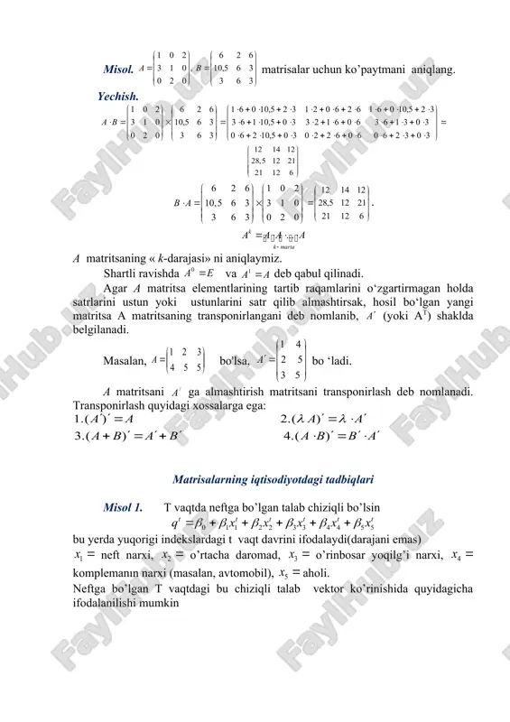 qo’shiluvchi manfiy ishorali bo’ladi. misol. matrisa determinanti topilsin. yechish. yuqoridagi formulaga ko’ra, birinchi satr elementlari bo’yicha yoyilma quyidagicha bo’ladi ta’rif. n-tartibli kvadrat matritsaning determinanti deb, quyidagi tenglik bilan aniqlangan songa aytiladi: bu ta’rifdan foydalanib 2 va 3 tartibli determinantlarni hisoblash uchun quyidagi formulalarni hosil qilamiz: 1-xossa. agar -matritsaning biron-bir satridagi (ustunidagi) barcha elementlari nolga teng bo’lsa, u holda uning determinanti nolga teng bo ‘ladi. 2-xossa. agar -matritsaning biron-bir satr (ustun) elementi soniga ko’paytirilsa, determinant qiymati ham soniga ko’payadi, ya’ni ga teng bo ‘ladi. 3-xossa. -matritsa va uning transponirlangani matritsalarning determinantlari teng bo’ladi, ya’ni tenglik o’rinlidir. 4-xossa. agar - matritsaning ikkita qo’shni satrlari o’rnini almashtirsak, hosil bo’lgan yangi matritsaning determinanti -matritsa determinantining teskari ishora bilan olinganiga teng bo ‘ladi, ya’ni tenglik o’rinli bo’ladi. 5-xossa. agar -matritsa bir xil ikki satrga (ustunga) ega bo’lsa, u holda uning determinanti nolga teng , ya’ni bo ‘ladi. 6-xossa. agar -matritsada ikki satrning (ustun) mos elementlari …