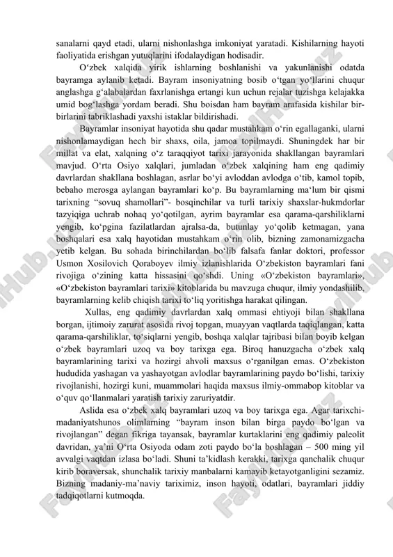 hilik dehqonchilikka oid mehnat tajribalari bilan birga oʻyin raqslar shakllana boshlaydi. ongli mehnat va tajriba asosida turli oʻyinlar paydo bo‘ladi va taraqqiy etishi inson rivojlanishida ham muhim oʻrin tutadi. chunki o‘yinlar boshqalar tajribasidan, ilgʻorlar yutug‘idan, keksalar ibratidan, avlodlar merosidan samarali foydalanishga imkoniyat yaratgan. shuni alohida taʼkidlash kerakki marosim, sanʼat, ijod kabi madaniyat turlari shuning bilan birgalikda sport turlarini ham vujudga kelishida va rivojlanishida o‘yinlar o‘ta muhim rol oʻynagan. obrazli qilib aytganda o‘yin koʻpgina qadimiy madaniy turlarning jumladan raqs teatr sport kabilarning onasi hisoblanadi. dastlab oʻyin insonning rivojlanishi uchun kerak bo‘lgan bo‘lsa keyinchalik inson oʻyinni rivojlantirdi. 2. o‘zbek xalq bayramlarining paydo bo‘lishi. insoniyat yaralibdiki, uning turmush tarzida bayramlar alohida ahamiyatga ega bo‘lib kelmoqda. insoniyat hayotini bayramsiz, an’ana, marosim, urf-odatlarsiz tasavvur qilib bo‘lmaydi. “bayramlar jamiyatning ma’naviy go‘zalligini, xalqning yashash tarzi, turmush sharoitini dunyoga ko‘z-ko‘z qiluvchi asosiy vositadir. biror davlatda nishonlanayotgan milliy bayramlar yoki jahon miqyosidagi tadbirlarni kuzatar ekanmiz, o‘sha davlatning milliyligi, o‘ziga …