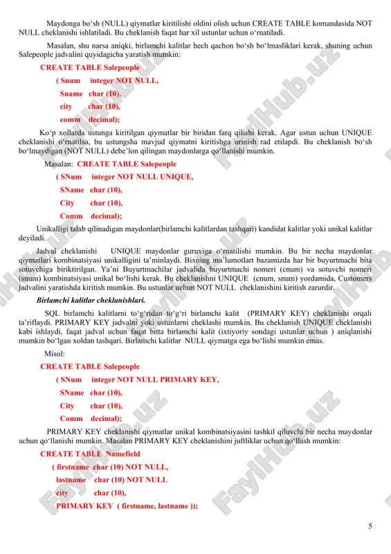g tipik sintaksisi: alter table add ; masalan: alter table salepeople add phone char(7); jadvallar uchun cheklanishlar.cheklanishlarni kiritish. jadval yaratayotganingizda (yoki uni o‘zgartirayotganingizda), siz maydonlarga kiritilayotgan qiymatlarga cheklanishlar o‘rnatishingiz mumkin. bu xolda sql cheklanishlarga to‘g‘ri kelmaydigan hamma qiymatlarni rad etadi. cheklanishlar ikki asosiy turi mavjud: - ustun va jadval cheklanishlari. ularning farqi shundaki ustun cheklanishi stolbtsa faqat ayrim ustunlarga qo‘llanadi, jadval cheklanishi bo‘lsa bir yoki bir necha ustunlar guruxiga qo‘llanadi. ustun cheklanishi ustun nomi oxiriga ma’lumotlar tipidan so‘ng va verguldan oldin qo‘yiladi. jadval cheklanishi jadval nomi oxiriga so‘nggi dumaloq verguldan oldin qo‘yiladi. cheklanishlar hisobga olingan create table komandasi sintaksisi: create table ( , ... ( [, ])... ); maydonga bo‘sh (null) qiymatlar kiritilishi oldini olish uchun create table komandasida not null cheklanishi ishlatiladi. bu cheklanish faqat har xil ustunlar uchun o‘rnatiladi. masalan, shu narsa aniqki, birlamchi kalitlar hech qachon bo‘sh bo‘lmasliklari kerak, shuning uchun salepeople jadvalini quyidagicha yaratish mumkin: create …