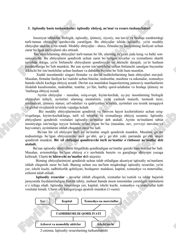 qanday bo`ladi, degan savolni beramiz. normativ tahlil ko`pincha baho berish xususidagi mulohazalar bilan to`ldiriladi. masalan, benzinga soliqni import qilinadigan neft uchun qo`yilgan boj bilan taqqoslab shunday xulosaga kelish mumkin, garchi neft solig’ini boshqarish yengil bo`lsa-da, bu kam daromadli iste’molchilarga ancha ko`proq ta’sir o`tkazishi mumkin. bunday vaqtda jamiyat ijtimoiy adolatni iqtisodiy samaradorlik bilan qiyoslab ko`rishi zarur bo`ladi. baho berish xususidagi mulohazalar qo`llanilgan paytda mikroiqtisodiy siyosatning eng yaxshi variant yo`li nimadan iborat, degan savolga javob berishga qodir bo`lmaydi. ammo mikroiqtisodiyot omillarning o`zaro ta’sirini ko`rsata biladi va bu bilan bahsli munozara oydinlashishiga yordam beradi. 3. fanni o`rganish usullari iqtisodchilar iqtisodiy muammolar yechimini topishni maqsad qilib qo`yar ekanlar, iqtisodiy siyosatni ishlab chiqishga yordam beruvchi tamoyillarni shakllantiradilar. mantiqiy to`g`ri xulosalar chiqarish va qarorlar qabul qilish har bir nazariya va modelni, iqtisodiy qonunlarni shu sohaning o`ziga xos xususiyatlarini hisobga olgan holda qo`llashni taqozo qiladi. mikroiqtisodiyot‖ fani ham bundan mustasno emas. iqtisodiy fanlarda qo`llanilgan ilk usul formal …