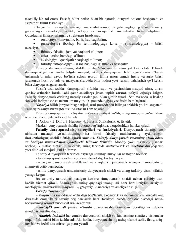 bki shakllari mif va din, falsafa va fan bo‘lib, bu hol insoniyat tadrijiy rivojlanishining umumiy mantiqi bilan mushtarakdir. ko‘nikmalar, tajriba va oddiy bilimlar to‘planishiga qarab, nafaqat ularni avloddan avlodga o‘tkazish muammosi yuzaga kelgan, balki ibtidoiy odamlarning dunyoqarashi ham murakkablashib borgan. bu dunyoqarash rivojlanishining muayyan bosqichida, to‘plangan bilimlarning «yuqori bosqichiga» yetilgach, boshqa har qanday murakkab tizimda bo‘lganidek, dunyoqarashda ham o‘zini o‘zi tashkil etish qonunlari amal qila boshlagan. mifologik dunyoqarash. «mif» tushunchasi yunoncha mythos so‘zidan kelib chiqqan bo‘lib, afsona, rivoyat degan ma’noni anglatadi. mif –turli xalqlarning dunyoning kelib chiqishi, tabiat hodisalari, fantastik mavjudotlar, xudolar va qahramonlarning ishlari haqidagi tasavvurini ifodalovchi muayyan tarzda tizimga solingan dunyoqarashdir. mifda bilimlar, diniy e’tiqodlar, ma’naviy madaniyatning turli elementlari, san’at, ijtimoiy hayot kurtaklari birlashgan bo‘lib, shu tariqa ibtidoiy odamlar dunyoqarashi muayyan darajada tartibga kelgan, ularning dunyo haqidagi qarashlari esa qisman tizimga solingan. mazkur tizimga solishning muhim shakllari epos, ertaklar, afsonalar, rivoyatlar bo‘lib, miflar avvalo ular orqali ifodalanadi. shu …