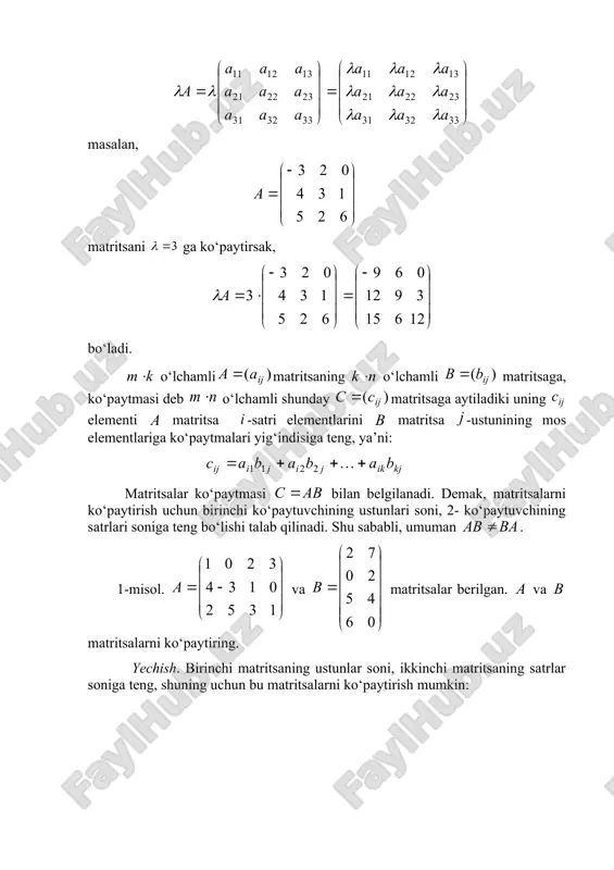 trisalarning iqtisodiyotdagi tadbiqlari. tayanch iboralar: jadval, qator, ustun, indeks, o’lchov, kvadrat matrisa, birlik matrisa, matrisalarni qo’shish, ayirish, songa ko’paytirish. � mike rosser. basic mathematics for economists. - london and new york, taylor & francis group, 2003 u 11 a 12 a 13 a 14 a 15 a 21 a 22 a 23 a 24 a 25 a 31 a 32 a 33 a 34 a 35 a 41 a 42 a 43 a 44 a 45 a 51 a 52 a 53 a 54 a 55 a ) 5 , 4 , 3 , 2 , 1 , ( = j i a ij i j 21 a 22 a 25 a 31 a 32 a 35 a 22 a 33 a m n n m × ÷ ÷ ÷ ÷ ÷ ø ö ç ç ç ç ç è æ - - - - - - - - = …