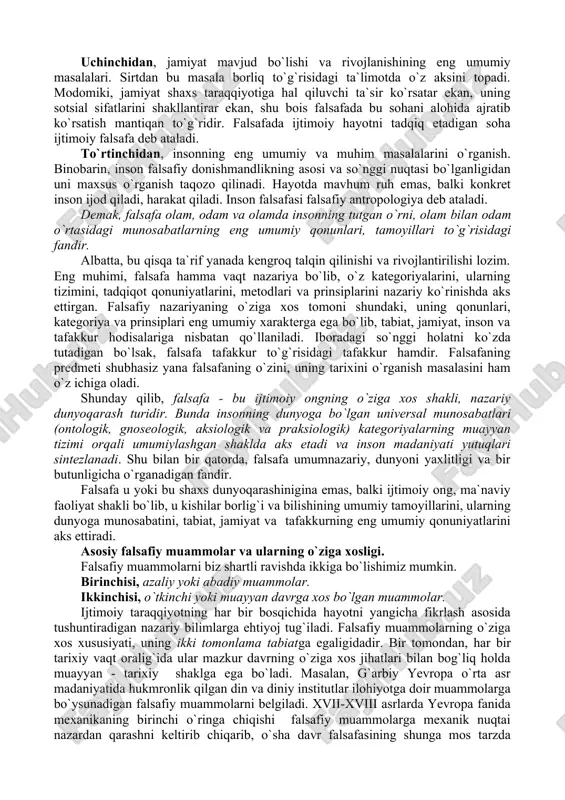 ilimlar “naturfalsafa”, ya`ni tabiat falsafasi doirasiga kirgan va u falsafaning ilk shakli siftida mavjud bo`lgan. asrlarning o`tishi, insonning tabiat, jamiyat, inson haqidagi ilmiy bilimlarining ko`payib borishi, taxminan xvii-xviii asrlardan boshlab ularning mustaqil fan sohalari sifatida ajralib chiqishiga olib keldi. shu tariqa avval mexanika, matematika, astronomiya, meditsina kabi tabiatshunoslik fanlari, so`ngra esa ijtimoiy fanlar ham mustaqil rivojlana boshladi. to`g`ri, qadimgi sivilizatsiyalarda bu sohalarga oid bilimlar, tasavvurlar bo`lgan, lekin ular aniq eksperiment va argumentlangan mantiqiy tahlilga qurilgan alohida fan sohalari sifatida hali mavjud emas edi. qadimgi yunonistonda fanlarning barchasini, ular qanday ilmiy masalalar bilan shug`ullanishidan qat`i nazar, filosofiya deb ataganlar. u ham ijtimoiy borliq, ham tabiat to`g`risidagi ilm hisoblanar edi. shu ma`noda, dastlabki filosofiya olam va unda insonning tutgan o`rni haqidagi qarashlar tizimi bolib, dunyoni ilmiy bilish zaruratidan vujudga kelgan edi. uning eng asosiy qadriyati erkinlik tushunchasi ekanini, ana shu erkin hayot to`g`risidagi qarashlar buyuk madaniy yuksalishga asos bo`lganini aksariyat olimlar alohida …
