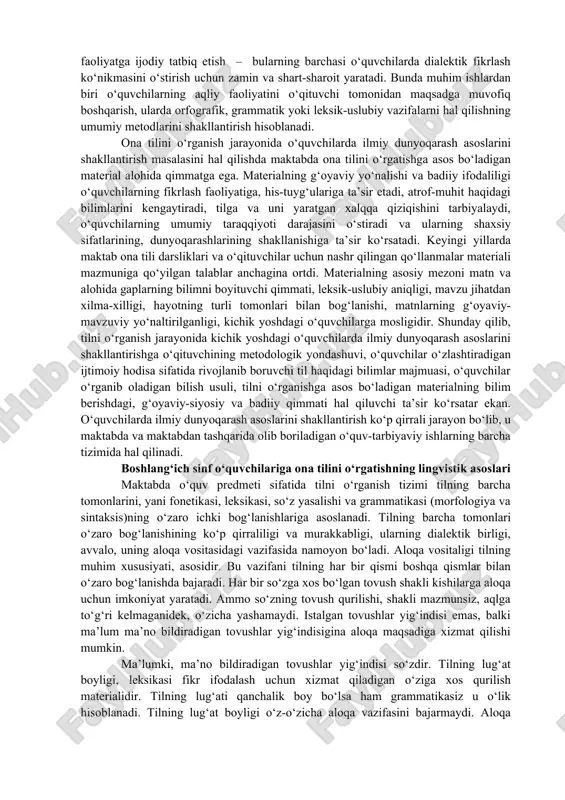 da mavjud bo‘lgan so‘zlar zaminida yaratiladi, tilda bor qoliplar kabi yasaladi: limon tipida limonzor, suvchi tipida bo‘zchi kabi. tilda yangi so‘zning paydo bo‘lishi o‘zidan keyin bir xil o‘zakli so‘zlar guruhining hosil bo‘lishiga sabab bo‘ladi: ishli, ishsiz, ishchi kabi. boshlang‘ich sinflarda tilning rivojlanishi haqidagi masala maxsus o‘rganilmaydi. tilga jamiyatning rivojlanishi bilan bog‘liq holda rivojlanadigan hodisa sifatida ilmiy qarashga zamin yaratish muhim ahamiyatga ega. tilning leksik tomoni boshqalariga nisbatan harakatchan, tez rivojlanadigan bo‘lgani uchun, til leksikasi misolida boshlang‘ich sinf o‘quvchilari saviyasiga mos ravishda jamiyatning rivojlanishi bilan bog‘liq holda tilning ham rivojlanishi tushuntiriladi. tilning leksik tarkibida yuz berayotgan o‘zgarishlar yuzasidan o‘qituvchi va o‘quvchilarning kuzatishlari bolalarda dunyoni bilish haqidagi tasavvurini shakllantirishga mos material beradi. kichik yoshdagi o‘quvchilarning tilni o‘zlashtirish jarayonini tekshirish shuni ko‘rsatadiki, tilga ilmiy qarash asoslarini shakllantirish uning muhim bog‘lanishlarini bilishga ham yordam beradi. xususan, o‘quvchilarning so‘zning tovush tomoni bilan uning leksik ma’nosi, so‘zning morfemik tarkibi bilan leksik ma’nosi, so‘zning grammatik ma’nosi bilan …