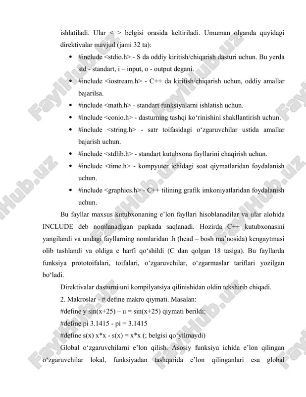 i. main ( ) funksiyasi { boshlanadi va dastur oxirida berkitilishi shart } . main – asosiy degan ma’noni beradi. bu funksiya oldida uning toifasi ko‘rsatiladi. agar main ( ) funksiyasi beradigan (qaytaradigan) javob oddiy so‘z yoki gaplardan iborat bo‘lsa, hech qanday natija qaytarmasa, void so‘zi keltiriladi. main ( ) funksiyasi dastur tomonidan emas, balki os tomonidan chaqiriladi. osga qiymat qaytarish shart emas, chunki u bu qiymatdan foydalanmaydi. shuning uchun main ( ) funksiyasining turini void deb ko‘rsatganimiz ma’qul. har bir funksiyaning o‘z argumenti bo‘ladi, shuning uchun main funksiya ( ) lari ichiga uning parametri keltiriladi. ba’zan u bo‘sh bo‘lishi ham mumkin. bu funksiyadan chiqish uchun odatda return operatori ishlatiladi. 0 (nol) qiymatining qaytarilishi operasion tizimga ushbu dastur normal bajarilib turganini bildiradi. return orqali qaytadigan qiymat toifasi funksiya e’lonidagi qaytish toifasi bilan bir xil bo‘lishi kerak. masalan int main ( ) va 0 (nol) qiymat butun toifalidir. bu funksiyadan so‘ng …