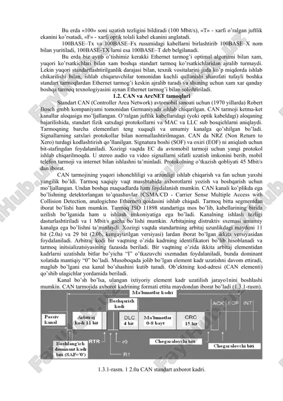elgisi deb yuritiladi (sfd – start of frame delimiter) va paketni aloxida maydonini tashkil qiladi. · qabul qiluvchi manzili va jo’natuvchi manzili 6 baytdan tashkil topgan bo’lib 3.2 bobda yozilgan standart ko’rinishda bo’ladi. bu manzil maydonlari abonent qurilmasi tomonidan ishlav beriladi. · boshqarish maydonida (l/t-length/type) axborot maydonining uzunligi xaqidagi ma’lumot joylashtiriladi. u yana foydalanayotgan protokol turini belgilashi mumkin. agarda bu maydon qiymati 1500 dan kam bo’lsa u xolda axborotlar maydonining uzunligini ko’rsatadi. agarda 1500 dan katta bo’lsa u xolda kadr turini ko’rsatadi. boshqarish maydoni dastur tomonidan ishlov beriladi. · axborotlar maydoniga 46 baytdan 1500 baytgacha axborot kirishi mumkin. agarda paketda 46 baytdan kam axborot bo’lsa, axborotlar maydonining qolgan qismini to’ldiruvchi baytlar egallaydi. ieee 802.3 standartiga ko’ra paket tarkibida maxsus to’ldiruvchi maydon ajratilgan, (pad data – naznachenie dannix), agarda axborot 46 baytdan uzun bo’lsa to’ldiruvchi maydon 0 uzunlikka ega bo’ladi. · nazorat bitlar yigindisining maydoni (fcs – frame chech segvence, pole …