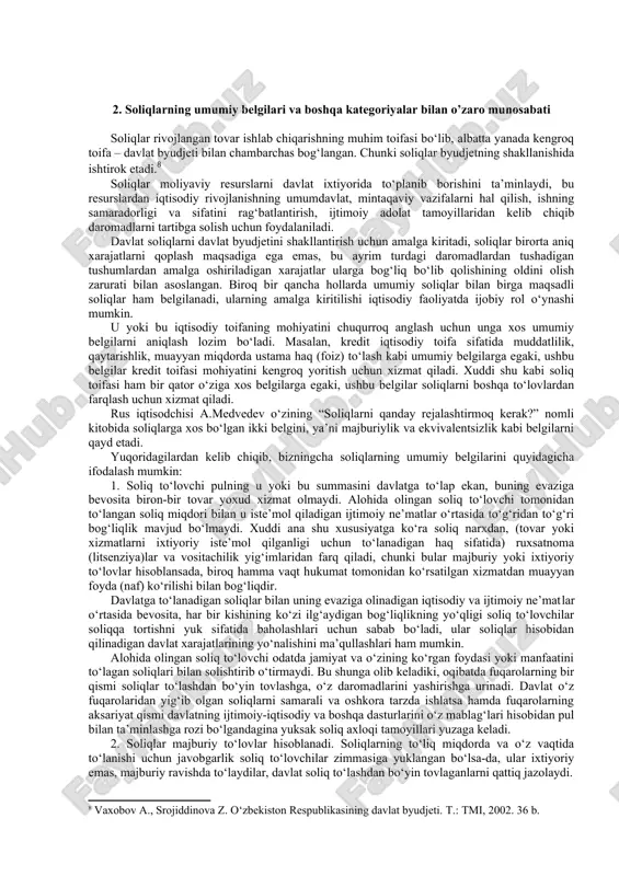 , yakka tarzda xolisona, qaytarmaslik, davlatning 2 rikardo d. nachalo politicheskoy ekonomiki i nalogovogo oblojeniya. sochineniya. t. 1. m.: gospolitizdat, s.380. majburlashi bilan ta’minlanganlik asoslarida va jazo yoki kontributsiya xarakteriga ega bo‘lmagan qonunda belgilangan yagona shaklidir”.3 hozirgi paytda iqtisodiy adabiyotlarda soliqlarning iqtisodiy mohiyatini o‘rganishga bag‘ishlangan qator ilmiy ishlar chop etilgan. masalan, “siyosiy iqtisod” izohli lug‘atida soliqlar “… korxona, tashkilot va aholini, mamlakat moliyaviy resurslarini tashkil etishdagi ishtirokini xarakterlovchi majburiy to‘lovlar tizimi”, deb izohlanadi. professor d.g. chernikning fikricha “soliqlar – davlat tomonidan xo‘jalik subyektlari va fuqarolardan qonuniy tartibda o‘rnatilgan stavkalarda undirib olinadigan majburiy yig‘imlarni o‘zida aks ettiradi”.4 professor b.g. boldirev boshchiligida yozilgan “kapitalizm moliyasi” o‘quv qo‘llanmasida soliqlarga quyidagicha ta’rif berilgan: “soliqlar – davlat tomonidan undirib olinadigan, jismoniy va huquqiy shaxslarning majburiy to‘lovlari”5 haqiqatan ham yuqorida keltirilgan ta’riflar eng sodda va keng omma uchun qulay va tushunarli bo‘lishi mumkin. lekin bu ta’riflar o‘zida soliqlarning tashkiliy-huquqiy tomonlarini to‘laligicha aks ettira olmaydi. bundan tashqari, …
