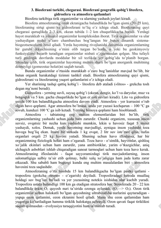 ozon ekrani tirik organizmlarning suvdan quruqlikka chiqib tarqalishiga imkon yaratgan. birinchi ko’p xujayralilar atmosferada kislorodning konsentrasiyasi taxminan 3 foizga etganda, kembriy davrining boshida 500 million yillar avval kelib chiqqan, deb taxmin qilinadi. dengizda yashovchi fotosintezlovchi organizmlar keragidan ortiqcha kislorod hosil qilgan. bu esa aerob yo’l bilan nafas oluvchi organizmlar sonining ko’payishiga olib kelgan. aerob nafas olish jarayonida moddalar parchalanishi tufayli ko’p energiya ajralgan. ko’p energiyaga ega organizmlarda morfologik va funksional tuzilish tobora murakkablashib borgan. ular qisqa vaqtning ichida har xil yashash muhitlariga o’tib keng tarqalgan. paleozoy erasida haet faqat suvdagina keng tarkalib qolmay, balki quruqlikka ham chiqqan. yashil o’simliklarning keng rivoj-lanishi atmosferaning kislorod bilan yanada boyitdi, bu esa organizmlar tuzilishini yanada takomillashishiga imkon yaratdi. paleozoyning o’rtalarida kislorodning hosil bo’lishi va sarflanishi o’rtasida muvozanat paydo bo’ldi, atmosferada kislorod miqdori taxminan 20 foizgacha yetdi va bu muvozanat hozirgacha saqdanib kelmoqda. noogenez bosqichi. insoniyat jamiyatining paydo bo’lishi bilan biosferaning noogenez davri boshlanadi. bu …
