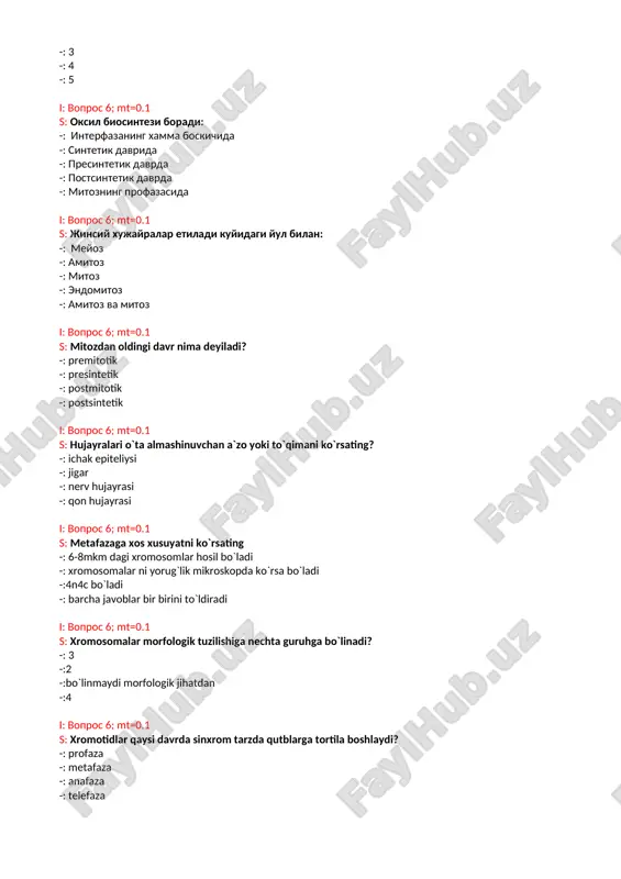a siklining gormonlar orqali boshqarilishi qanday omilga misol bo`la oladi? -: ekzogen -: endogen -: fotogen -: fitogen i: vopros 6; mt=0.1 s: metafazaga xos xusuyatni ko`rsating -: 6-8mkm dagi xromosomlar hosil bo`ladi -: xromosomalar ni yorug`lik mikroskopda ko`rsa bo`ladi -:4n4c bo`ladi -: barcha javoblar bir birini to`ldiradi i: vopros 6; mt=0.1 s: xromatidalarning qutblarga ajralishi qachon kuzatiladi? -: anafazada. -: telofazada -: interfazada. -: metafazada. i: vopros 6; mt=0.1 s: anafazada xromosoma va dnk miqdori -: 4n 4c -: 2n 2c -:2n 4c -: n c i: vopros 6; mt=0.1 s: telefazada xromosoma va dnk miqdori -: 2n 2c -: 4n 4c -:2n 4c -: n c i: vopros 6; mt=0.1 s: profazada xromosoma va dnk miqdori -: 2n 4c -: 4n 4c -:2n 2c -: n c i: vopros 6; mt=0.1 s: metafazada xromosoma va dnk miqdori -: 2n 4c -: 4n 4c -:2n 2c -: n c …
