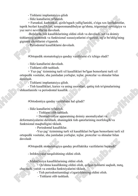 xususiyatlarini o'rganish, og'iz bo'shlig'ining gigienik choralarini o'rganish. - periodontal kasalliklarni davolash. - qo'shma kasallikning oldini olish, qolgan tishlarni saqlash, nutq, chaynash, yutish va estetika funktsiyalarini tiklash # : stomatologiya profilidagi davolash-profilaktika muassasalarini qurish, jihozlash va ulardan foydalanishning sanitariya qoidalari va normalari o'zbekistonning sanpin raqamini ko'rsating + sanpin №0349-17 sanpin no 024-17 sanpin no 0349-16 sanpin no 0-12. sanpin no 49-17 # stomatologiya muassasalarining gigiena va profilaktika bo'limida qanday asosiy vazifalar bajariladi? - furunkul va karbunkullarni davolash - bolalarda tish kasalliklarining oldini olish va davolash - qo'shma kasallikning oldini olish + tish kasalliklarining oldini olish, og'iz gigienasini o'rgatish va profilaktika choralarini ko'rish. #stomatologiya muassasalarining gigiena va profilaktika bo'limining vazifalari qanday vazifalarni o'z ichiga olmaydi? + bolalarda tish kasalliklarining oldini olish - furunkul va karbunkullarni davolash - qo'shma kasallikning oldini olish - og'iz gigienasini o'rgatish - tishlarni olib tashlash #bolalarda tish kasalliklarining oldini olish va davolash bilan bog'liq qanday vazifalar mavjud? - …