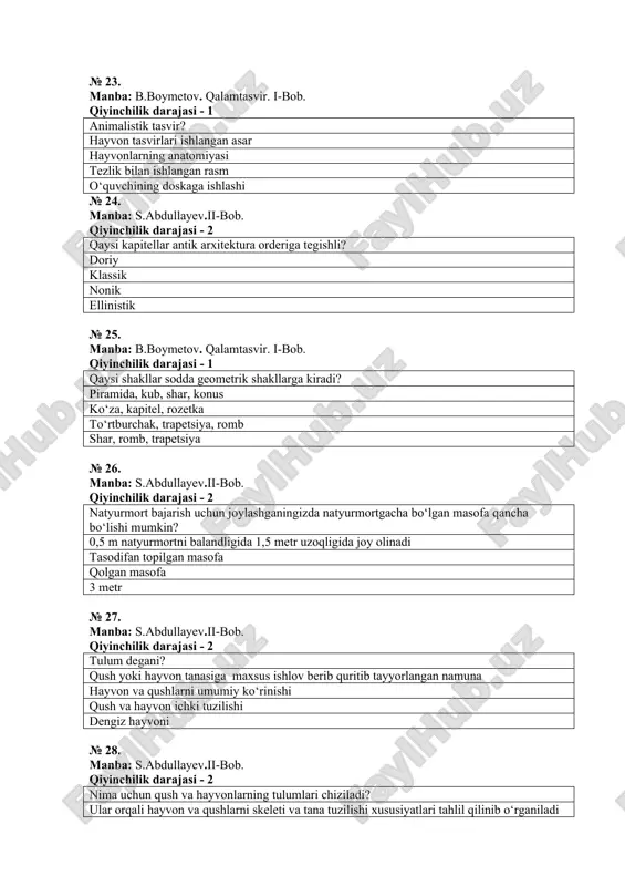 asvir ta’suratini berish qisqa muddatlarda ishlanadigan qalamtasvirlar faqat chiziqlar bilan bajarilgan qalamtasvirlar binolar tasviri № 34. manba: s.abdullayev.qalamtasvir. ii-bob. qiyinchilik darajasi - 2 dinamik tasvirni aniqlang. harakatdagi tez o‘zgaruvchan holat harakatsiz, turush holat qisqa muddatlarda ishlanadigan qalamtasvir rakursdan ishlash № 35. manba: s.abdullayev.qalamtasvir. ii-bob. qiyinchilik darajasi - 2 simmetrik tasvirning ma’nosi? narsa yoki tasvirning ikki qismining bir-biriga aynan o‘xshashi, mutanosibligi (mo‘vozanatda ekanligi) gorizontal tekislikka nisbatan tik chiziq narsani ikki o‘lchamini o‘zgarishsiz o‘qi bir-biriga qarama-qarshi ko‘rinish № 36. manba: s.abdullayev.qalamtasvir. ii-bob. qiyinchilik darajasi - 2 detal so‘zini tushuntiring. chizilayotgan narsani mayda bo‘laklari bo‘lak qism, unsur, narsaning ma’lum bir chegaradagi joyi (tasvirdagi) narsani umumiy ko‘rinishi asosiy qismlar № 37. manba: s.abdullayev.qalamtasvir. ii-bob. qiyinchilik darajasi - 2 tayanch nuqtalari degani nima? suyaklar birikkan joylar (ogirlik miqdori tushadigan, tasvir ishlash jarayonida shaklni belgilashda ahamiyat jalb etadigan nisbiy nuqtalar) narsani chizib qurishda yordam beradigan nuqtalar odam skeletining konstruktiv tahlil etishda yordam beradigan nuqtalar sur’atning asosiy …