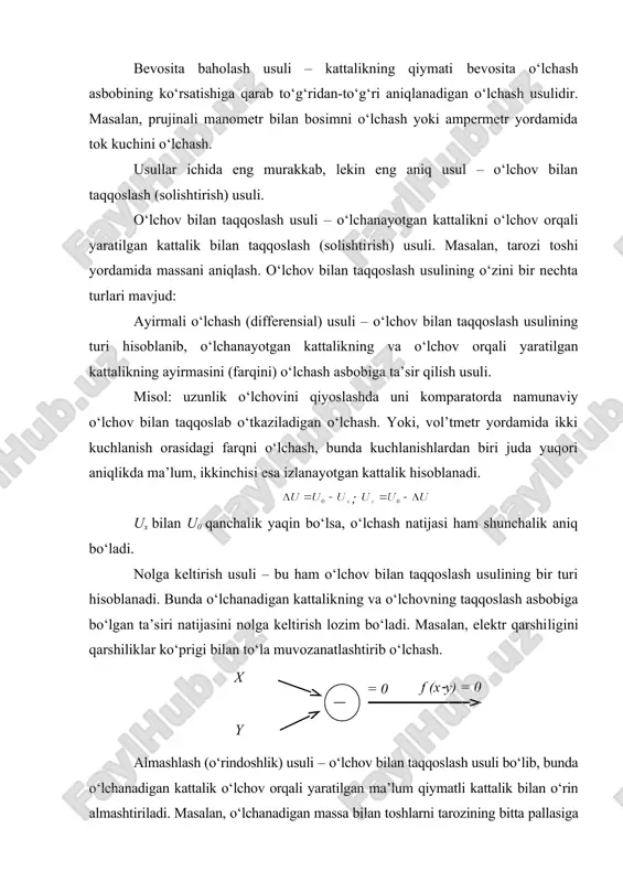 atilgan ma’lum qiymatli kattalik bilan o‘rin almashtiri​ladi. masalan, o‘lchanadigan massa bilan toshlarni tarozining bitta pallasiga galma-gal navbati bilan joylashtirib o‘lchash yoki qarshiliklar magazini yordamida tekshirilayotgan rezistor​ning qarshiligini topish: bunda kalit “k” ni ikkala holatda (1,2) qo‘yganda (1=(2 shart bajarilishi kerak. i1 = u / r0 ( (1 i2 = u / rx ( (2 mos kelish usuli – o‘lchov bilan taqqoslash usulining turi. o‘lchanadigan kattalik bilan o‘lchov orqali yaratilgan kattalikning ayirmasini shkaladagi belgilar yoki davriy signallarni mos keltirish orqali o‘tkaziladigan o‘lchash. masalan, kalibr yordamida val diametrini moslash, uzunlikni shtangen​sirkul’ yordamida o‘lchash, jismning aylanish chastotasini stroboskop yordamida o‘lchash. har bir tanlangan usul o‘z usuliyatiga, ya’ni o‘lchashni bajarish usuliyatiga ega bo‘lishi lozim. o‘lchashni bajarish usuliyati deganda, ma’lum usul bo‘yicha o‘lchash natijalarini olish uchun belgilangan tadbir, qoida va sharoitlar tushuniladi. bundan tashqari, o`lchanadigan kattalikning vaqt bo`yicha o`zgarish jarayoniga qarab o`lchash quyidagicha farqlanadi: o‘lchanadigan kattalikning o‘lchash jarayonida o‘zgarish xarakteriga ko‘ra statik va dinamik o‘lchashlarga …