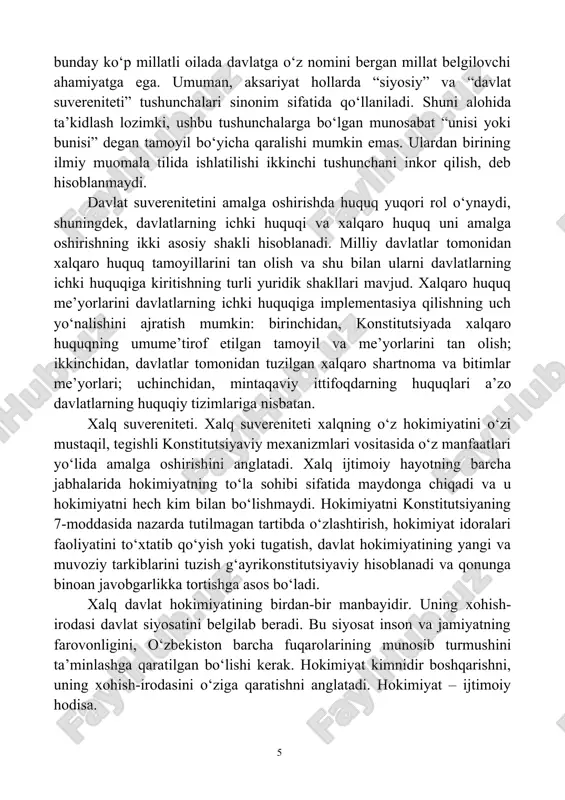 eti deganda xalqning o‘z milliy boyliklarini mustaqil tasarruf qilish, iqtisodiy va ijtimoiy rivojlanish maqsadlarida o‘z tabiiy resurslaridan foydalanish usullarini erkin belgilash anglashiladi. u o‘z tabiiy resurslari ustidan mutlaq nazoratni amalga oshirish va iqtisodiyotning barcha sohalaridagi har qanday korxonalar faoliyati ichki yurisdiksiyasiga olinishini bildiradi. davlatning siyosiy suvereniteti mamlakat xalqining o‘z irodasini erkin ifodalashni aks ettiradi. “xalq” tushunchasiga albatta, millatidan qat’iy nazar, ushbu mamlakatning barcha fuqarolari kiradi. tabiiyki, bunday ko‘p millatli oilada davlatga o‘z nomini bergan millat belgilovchi ahamiyatga ega. umuman, aksariyat hollarda “siyosiy” va “davlat suvereniteti” tushunchalari sinonim sifatida qo‘llaniladi. shuni alohida ta’kidlash lozimki, ushbu tushunchalarga bo‘lgan munosabat “unisi yoki bunisi” degan tamoyil bo‘yicha qaralishi mumkin emas. ulardan birining ilmiy muomala tilida ishlatilishi ikkinchi tushunchani inkor qilish, deb hisoblanmaydi. davlat suverenitetini amalga oshirishda huquq yuqori rol o‘ynaydi, shuningdek, davlatlarning ichki huquqi va xalqaro huquq uni amalga oshirishning ikki asosiy shakli hisoblanadi. milliy davlatlar tomonidan xalqaro huquq tamoyillarini tan olish va shu …