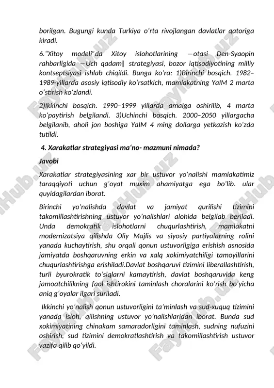 bosqich. 1990–1999 yillarda amalga oshirilib, 4 marta ko‘paytirish belgilandi. 3)uchinchi bosqich. 2000–2050 yillargacha belgilanib, aholi jon boshiga yaim 4 ming dollarga yetkazish ko‘zda tutildi. 4. xarakatlar strategiyasi ma‘no- mazmuni nimada? javobi xarakatlar strategiyasining xar bir ustuvor yo‘nalishi mamlakatimiz taraqqiyoti uchun g‘oyat muxim ahamiyatga ega bo‘lib. ular quyidagilardan iborat. birinchi yo’nalishda davlat va jamiyat qurilishi tizimini takomillashtirishning ustuvor yo’nalishlari alohida belgilab beriladi. unda demokratik islohotlarni chuqurlashtirish, mamlakatni modernizatsiya qilishda oliy majlis va siyosiy partiyalarning rolini yanada kuchaytirish, shu orqali qonun ustuvorligiga erishish asnosida jamiyatda boshqaruvning erkin va xalq xokimiyatchiligi tamoyillarini chuqurlashtirishga erishiladi.davlat boshqaruvi tizimini liberallashtirish, turli byurokratik to‘siqlarni kamaytirish, davlat boshqaruvida keng jamoatchilikning faol ishtirokini taminlash choralarini ko‘rish bo‘yicha aniq g‘oyalar ilgari suriladi. ikkinchi yo’nalish qonun ustuvorligini ta’minlash va sud-xuquq tizimini yanada isloh, qilishning ustuvor yo’nalishlaridan iborat. bunda sud xokimiyatining chinakam samaradorligini taminlash, sudning nufuzini oshirish, sud tizimini demokratlashtirish va takomillashtirish ustuvor vazifa qilib qo‘yildi. mazkur yo‘nalishda fuqarolarning xuquq va erkinliklarini …