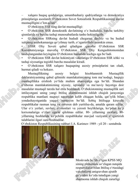 anfaatlari va respublikaning kelajagini o‘ylaydigan sofdil hamda adolatparvar rahbarlar ham topildi. ular endi markaz vaziyatni ijobiy tomonga o‘zgartirishga mutlaqo layoqatsiz ekanligiga ishonch hosil qildilar, shuning uchun ham respublikaning mustaqilligini ta’minlash yo‘llarini va choralarini izlab topa boshladilar. 1989 - yilning iyunida o‘zbekiston kompartiyasi markaziy komitetining birinchi kotibi lavozimiga i. a. karimov saylanib, uning rahbarligida bunday ishlar tobora izchillik bilan amalga oshirila boshladi. bugungi kunda ba’zilarga mustaqillikka osonlikcha erishilgandek bo‘linib ko‘rinadi. aslida, sobiq kommunistik partiya hukmronlik qilib, butun repressiv apparatni o‘z qo‘lida ushlab turgan kezlarda respublikaning ijtimoiy, iqtisodiy va siyosiy mustaqillikka intilayotganining ba’zi bir ko‘rinishlari bilan bog‘liq tadbirlarni ochiqdan-ochiq amalga oshirish o‘ta mardlik, shijoat va qat’iyatni talab qilar edi. bu damlarni sanab va eslab o‘tishning o‘zi ham mustaqillikning ba’zilar o‘ylaganchalik oson qo‘lga kiritilmaganligidan dalolat beradi. masalan, 1989 - yilning 21- oktabrida o‘zbek tiliga davlat tili maqomining berilishi to‘g‘risida qonun qabul qilindi. bu tarixiy voqeaning mohiyati shundaki, u faqat milliy ma’naviyatni tiklashga qaratilgan …