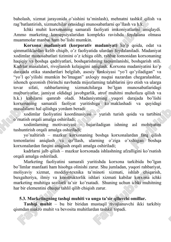 rish quvvatidan to’liq foydalanish darajasini baholash ham muhim o’rin tutadi. marketing: qo’llaniladigan strategiyalar, bozor (katta-kichikligi, o’rni, raqobatchilar), xaridorlari, korxona imiji, korxona tovarlari, narxi, sotilishi va kommunikasiya siyosati, axborot bilan ta’minlanish holati va tashkil etilishi, o’zaro marketing munosabatlari, ichki marketing. hozirgi zamon muhim tahlil yo’nalishlaridan biri benchmarking (ing. benchmarking) –etalon deb qabul qilingan korxonalarga nisbatan o’zining marketing faoliyatini baholash usullaridir. moliyaviy-iqtisodiy potensial: korxona aktivlari, o’zining va qarzga olingan kapitali, kredit imkoniyatlari, kapital aylanish tezligi va likvidligi, mablag’ni rejalashtirish, yalpi daromad, foyda va undan foydalanish. korxona faoliyatining muhim ko’rsatkichlaridan biri uning rentabelligidir. u olinayotgan daromad ko’rsatkichining (sotuv hajmi, yalpi daromad, ishlab chiqarishga aylanma mablag’lar, asosiy fondlarning tannarxi va h.k.) nisbati bo’yicha hisoblanadi. xodimlar (personal) – tarkibi va malakasi, kasbiy va malakaviy darajasi, kadrlarni shakllantirish siyosati (rejalashtirish, tanlash va vaqtincha yollash, ishdan bo’shatish, qo’nimsizligi va h.k.), personal rivojlanishi (kasbiy yo’naltirish va qayta tayyorlash, attestasiya va baholash, xizmat jarayonida o’sishini ta’minlash), mehnatni tashkil qilish …