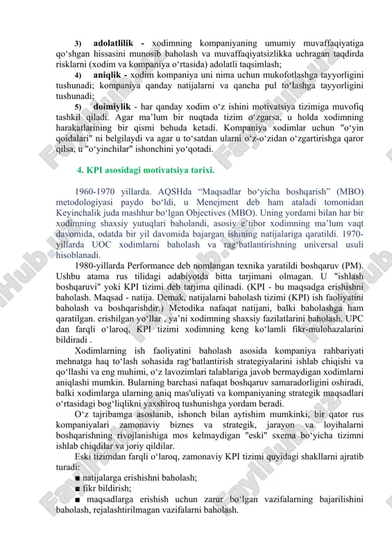 iladilar. motivatsion faoliyatda xodimning o‘zi ichki motivatsiyalar va atrof-muhit sharoitlariga qarab o‘z harakatlarining hajmini belgilaydi. mehnat motivi mehnat faoliyati, agar yagona bo‘lmasa, hech bo‘lmaganda nafaqa olishning asosiy sharti bo‘lganda shakllanadi . shunday qilib, mehnat motivatsiyasi xodimning mehnat potentsialining namoyon bo‘lish darajasiga, ya’ni ishlab chiqarish faoliyatiga ta’sir ko‘rsatadigan barcha xususiyatlar to‘plamiga ta’sir qiluvchi ish samaradorligining eng muhim omiliga aylanadi. porter-louler modeliga ko‘ra, sarflangan sa’y-harakatlar darajasi mukofotning qiymati va ma’lum bir harakat darajasi haqiqatan ham ma’lum darajadagi mukofotga olib kelishiga ishonch darajasi bilan belgilanadi. xodimni yollaganimizda, biz butun odamni ishga olamiz. siz faqat "mehnat qo‘llari" ni ishga ololmaysiz; qo‘llar bilan birga biz ularning egasini qabul qilamiz. darhaqiqat, hech bir joyda inson shaxsiyatining barcha tomonlari uning mehnatga munosabatidan ko‘ra to‘liqroq ochib berilmaydi. xodimlarning mehnat unumdorligini oshirish yaxshi natijalarga erishish uchun ulkan imkoniyatlar eshigini ochadi. odamlar uchun mavjud bo‘lgan barcha resurslar ichida inson resurslari eng samarali, moslashuvchan va topqirdir. jahon amaliyoti shuni ko‘rsatadiki, kpi …
