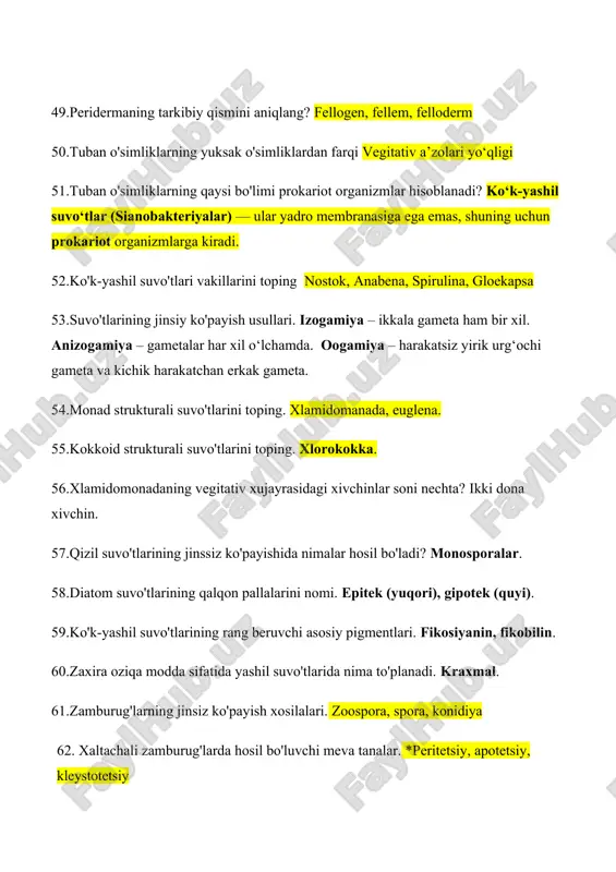 si suvo'tlar turi inson ovqat ratsionida keng qo'llaniladi? qizil suvo‘tlar 80.qaysi suvo'tlar chuqur suv qatlamlarida yashay oladi? qizil suvo‘tlar 81.qaysi zamburug'lar mikoriza hosil qilib, o'simliklar bilan simbiozda yashaydi? bazidiomitsetlar va askomitsetlar 82.qaysi zamburug' turi antibiotik ishlab chiqaradi? penicillium notatum 83.qaysi zamburug'lar hayvonlarda va insonda kasalliklar qo'zg'atishi mumkin? candida, aspergillus, trichophyton 84.spora bilan ko'paymaydigan zamburug'lar qaysilar? nomukammal zamburug‘lar (fungi imperfecti yoki deuteromycota) – ularning jinsiy ko‘payish bosqichi noma’lum bo‘lgani uchun spora bilan ko‘payishi kuzatilmaydi. 85.qaysi zamburug' birlamchi fermentatsiya jarayonlarida ishlatiladi? saccharomyces cerevisiae – bu xamirturush birlamchi (alkogol) fermentatsiyada, ayniqsa non pishirish va spirt ishlab chiqarishda keng qo‘llaniladi. 86.lishayniklar qanday simbioz asosida shakllangan? zamburug‘ (mikobiont) va yashil suvo‘t yoki sianobakteriya (fitobiont) o‘rtasidagi simbioz 87.lishayniklar qanday muhitda yashay oladi? quruq va qattiq sharoitlarda, qoya yuzalarida, daraxt po‘stida, cho‘l va tog‘larda 88.qaysi lishaynik turi tabiat ifloslanish darajasini aniqlash uchun indikator hisoblanadi? usneya 89.lishayniklar qandoq usul bilan ko'payadi? vegetativ usul (sorediyalar va izidiyalar bilan) 90. …