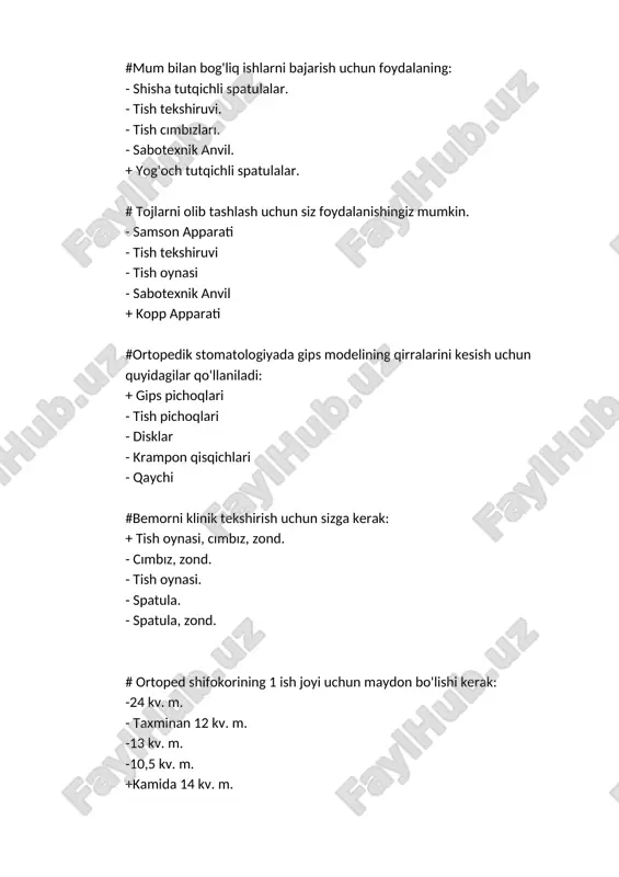 aktika bo'limi #tish va jag'ning kasalliklari va holatini aniqlash uchun rentgen tekshiruvlarini o'tkazish uchun stomatologiya muassasasining qaysi tarkibiy bo'linmasi javobgardir? - terapevtik bo'lim - ortodontik bo'lim - jarrohlik bo'limi + rentgen bo'limi - profilaktika bo'limi #tish va tish to'qimalarini davolashga ixtisoslashgan stomatologiya muassasasining qaysi tarkibiy bo'limi? + terapevtik bo'lim - ortodontik bo'lim - jarrohlik bo'limi - rentgen bo'limi - profilaktika bo'limi # tartarni olib tashlash uchun qanday vosita ishlatiladi? + skaler - cımbızlar - oyna - spatula - dazmol # tish shifokori aspiratordan qanday protsedura uchun foydalanadi? - obturatsiya - rentgen nurlari +og'iz bo'shlig'ini tozalash - protezlash - gipsni olib tashlash # tish asabini olib tashlash uchun qanday vosita ishlatiladi? - cımbızlar - buzadigan amallar + endodontik fayl - oqartirish uchun sham - oyna #. tishlarni olib tashlash uchun qanday vosita qo'llaniladi? - skayler - buzadigan amallar + ekstraktor - namuna oluvchi - oyna #tish kontaktlarini tekshirish uchun qanday vosita …