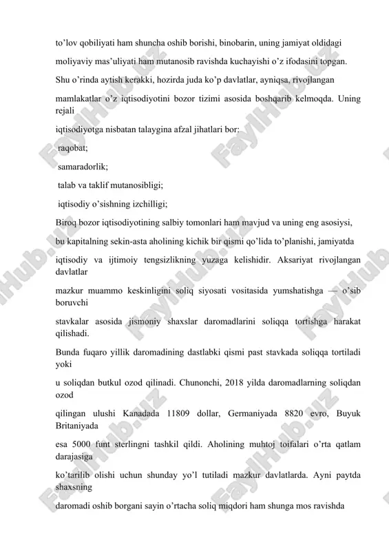 tartib-taomillarning muayyan iqtisodiy faoliyat turini asossiz rag’batlantirmasligiga yoki aksincha, jazolamasligiga erishiladi. fuqaro daromadlarini soliq omili emas, uning iqtidor va layoqatlari, bozordagi talab hamda taklif va boshqalar belgilay boshlaydi. ikkinchidan, soliq to’lovchilarning tegishli qonun hujjatlariga itoatkorligi, hurmati oshadi. uchinchidan, byudjetga jismoniy shaxslardan tushadigan soliq tushumlari ko’payadi. umuman olganda, “faol tadbirkorlik, innovatsion g‘oyalar va texnologiyalarni qo‘llab-quvvatlash yili” deb e’lon qilingan 2018 yilda ham soliq siyosatini amalga oshirishda keskin chora-tadbirlardan voz kechilishi, barcha biznes toifalari uchun soliqqa tortishni soddalashtirish va soliq yukini kamaytirish, shu asosda ishlab chiqarishni va soliqqa tortiladigan bazani kengaytirish zarurligi ta’kidlangan. iqtisodiyotni soliqlar orqali boshqarishda soliq mexanizmi elementlaridan keng ko’lamda foydalaniladi. ulardan keng qo‘llaniladigan va samarali choralari sifatida soliq stavkalarini, soliq imtiyozlarini o‘zgartirish kabilarni alohida qayd etib o‘tish lozim. 2019 yil 1 yanvardan boshlab jismoniy shaxslar daromadlaridan olinadigan soliqlar kamaytiriladi. yuridik shaxslarning soliq majburiyatlari tovarlarni (ishlar, xizmatlar) realizatsiya qilish hajmidan davlat maqsadli jamg’armalariga ajratmalarni bekor qilish hisobiga kamaytiriladi. korxonaning rentabelligi …
