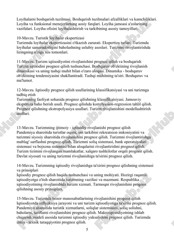 ng ta'siri. boshqaruv va ma'lumot. 12-mavzu. iqtisodiy prognoz qilish usullarining klassifikatsiyasi va uni turizmga tadbiq etish turizmning faoliyat sohasida prognoz qilishning klassifikatsiyasi. jamoaviy ekspertiza baho berish usuli. prognoz qilishda korrelyasion-regression tahlil qilish. prognoz qilishning ekstropolyasiya usullari. turizm rivojlanishini modellashtirish usullari. 13-mavzu. turizmning ijtimoiy - iqtisodiy rivojlanishi prognoz qilish pandemiya sharoitida turistlar oqimi, uni tarkibini rekreatsion imkoniyatini va turizmni siyosiy sharoitida rivojlanishini prognoz qilish. turizmni rivojlantirishga mablag' sarflashni prognoz qilish. turizmni soliq sistemasi, bank operatsiyalari sistemasi va bojxona sistemasi bilan aloqalarini rivojlantirishni prognoz qilish. turizm tizimini rivojlangan mamlakatlar, xalqaro tashkilotlar orqali prognoz qilish. davlat siyosati va uning turizmni rivojlanishiga ta'sirini prognoz qilish. 14-mavzu. turizmning iqtisodiy rivojlanishga ta'sirini prognoz qilishning sistemasi va prinsiplari iqtisodiy prognoz qilish haqida tushunchasi va uning mohiyati. hozirgi raqamli iqtisodiyotga o'tish sharoitida turizmning vazifasi va mazmuni. respublika iqtisodiyotining rivojlanishida turizm xizmati. tarmoqni rivojlanishini prognoz qilishning asosiy prinsiplari. 15-mavzu. turizmda bozor munosabatlarining rivojlanishini prognoz qilish iqtisodiyotda inflyaksiya jarayoni va …