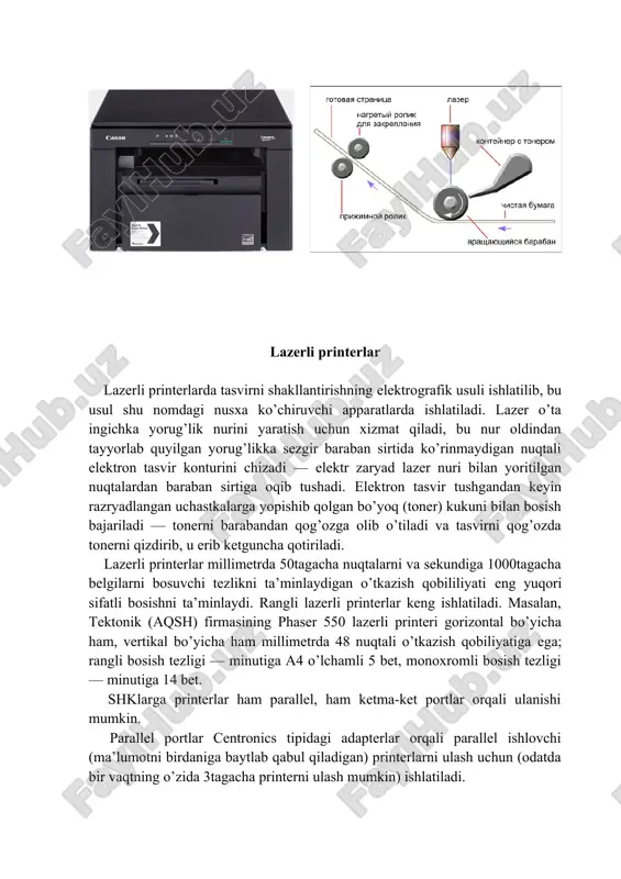 n, siyoh uchun ballonchaning, ayniqsa agar u bosuvchi kallak bilan birlashtirilgan va birgalikda almashtirilsa (bunday tuzulish keng tarqalgan). lazerli printerlar lazerli printerlarda tasvirni shakllantirishning elektrografik usuli ishlatilib, bu usul shu nomdagi nusxa ko’chiruvchi apparatlarda ishlatiladi. lazer o’ta ingichka yorug’lik nurini yaratish uchun xizmat qiladi, bu nur oldindan tayyorlab quyilgan yorug’likka sezgir baraban sirtida ko’rinmaydigan nuqtali elektron tasvir konturini chizadi — elektr zaryad lazer nuri bilan yoritilgan nuqtalardan baraban sirtiga oqib tushadi. elektron tasvir tushgandan keyin razryadlangan uchastkalarga yopishib qolgan bo’yoq (toner) kukuni bilan bosish bajariladi — tonerni barabandan qog’ozga olib o’tiladi va tasvirni qog’ozda tonerni qizdirib, u erib ketguncha qotiriladi. lazerli printerlar millimetrda 50tagacha nuqtalarni va sekundiga 1000tagacha belgilarni bosuvchi tezlikni ta’minlaydigan o’tkazish qobililiyati eng yuqori sifatli bosishni ta’minlaydi. rangli lazerli printerlar keng ishlatiladi. masalan, tektonik (aqsh) firmasining phaser 550 lazerli printeri gorizontal bo’yicha ham, vertikal bo’yicha ham millimetrda 48 nuqtali o’tkazish qobiliyatiga ega; rangli bosish tezligi — minutiga a4 …
