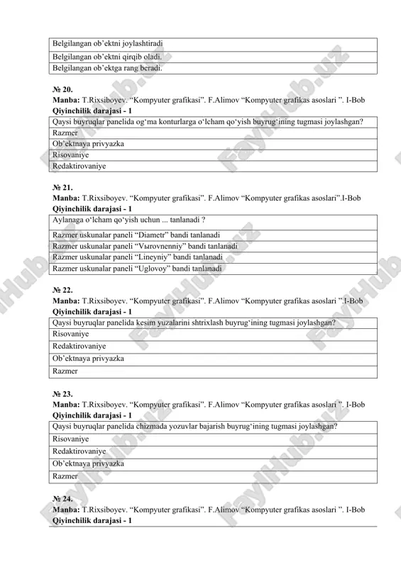 redaktirovaniye risovaniye ob’ektnaya privyazka razmer № 29. manba: t.rixsiboyev. “kompyuter grafikasi”. f.alimov “kompyuter grafikas asoslari ”. i-bob qiyinchilik darajasi - 1 qaysi buyruqlar panelida chizma masshtabini o‘zgartirish buyrug‘ining tugmasi joylashgan? redaktirovaniye risovaniye ob’ektnaya privyazka razmer № 30. manba: t.rixsiboyev. “kompyuter grafikasi”. f.alimov “kompyuter grafikas asoslari ”.i-bob qiyinchilik darajasi - 2 qaysi buyruqlar panelida ko‘chirish buyrug‘ining tugmasi joylashgan? redaktirovaniye risovaniye ob’ektnaya privyazka razmer № 31. manba: t.rixsiboyev. “kompyuter grafikasi”. f.alimov “kompyuter grafikas asoslari ”.i-bob qiyinchilik darajasi - 1 qaysi buyruqlar panelida berilgan to‘g‘ri chiziqqa perpendikulyar o‘tkazish buyrug‘ining tugmasi joylashgan? ob’ektnaya privyazka redaktirovaniye risovaniye razmer № 32. manba: t.rixsiboyev. “kompyuter grafikasi”. f.alimov “kompyuter grafikas asoslari ”. i-bob qiyinchilik darajasi - 1 qaysi buyruqlar panelida chiziqlarni nuqtada uzish buyrug‘ining tugmasi joylashgan? redaktirovaniye risovaniye ob’ektnaya privyazka razmer № 33. manba: t.rixsiboyev. “kompyuter grafikasi”. f.alimov “kompyuter grafikas asoslari ”. i-bob qiyinchilik darajasi - 1 qaysi buyruq tugmasidan foydalanib chiziqning ortiqcha qismi yo‘qotiladi? kesish o‘chirish ikki …