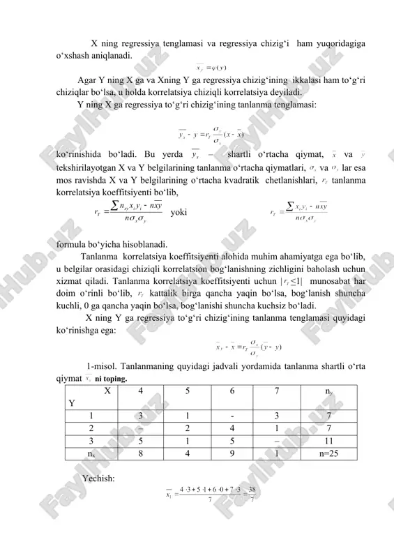 ri o‘ng burchaklarida 5*3=15; 1*5=5; 4*6=24 ko‘paytmalar yozilgan. 2. bir satr kataklarning yuqori o‘ng burchaklarida joylashgan barcha sonlarni qo‘shiladi va ularning yig‘indisi “u ustun”ning shu satrdagi katagiga yoziladi. masalan, birinchi satr uchun u=15+5+14=44 3. nihoyat y variantani u ga ko‘paytiriladi va hosil bo‘lgan ko‘paytma “y u ustunning” tegishli katagiga yoziladi. masalan, jadvalning birinchi satrida y=2, u=44, demak: 4. “yu ustunning” barcha sonlarini qo‘shib, yig‘indi hosil qilinadi, y izlanayotgan yig‘indiga teng bo‘ladi. masalan, yuqoridagi jadvalda =357 tekshirish maqsadida shunga o‘xshash hisoblashlar ustunlar bo‘yicha ham o‘tkaziladi. izlanayotgan tanlanmaning korrelatsiya koeffitsiyentini topamiz: yuqorida topilgan qiymatlarni regressiya tenglamasiga qo‘yib sodda almashtirishlardan so‘ng regressiya tenglamasini ko‘rinishda topamiz. laboratoriya ishini bajarish bo’yicha topshiriqlar variantlari 1-variant 1. tumandagi 10 ta oziq-ovqat magazini bo‘yicha bir oylik tovar ayirboshlash hajmi (x) va shu davr mobaynidagi muomala xarajatlari (y) hajmi o‘rganilgan. y ning x ga regressiyasi tenglamasini toping. x (100mln so‘m) 2,00 3,00 3,20 4,10 3,04 5,00 5,40 6,00 6,50 …