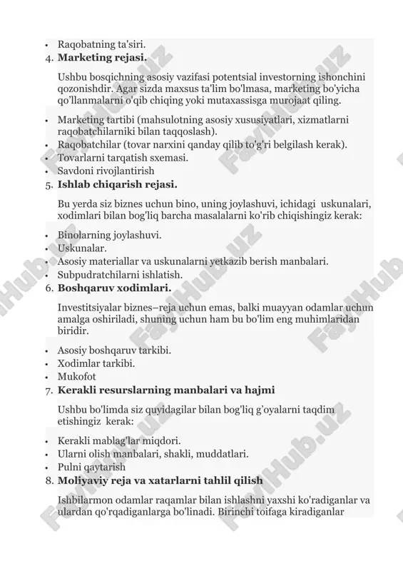 o yetarlicha ehtiyotkorlik bilan barcha kerakli bo’limlarni ishlab chiqib, mutaxassislarning tavsiyalariga rioya qilib va tayyor variantlarni asos qilib olgan bo’lsangiz ham, noto'g'ri yo'lga qadam qo'yishingiz mumkin. xo'sh, bu holatda odatiy xatolar qanday bo’ladi? diqqatni qaratish kerak bo'lgan uch asosiy xato: 1. noto'g'ri ma'lumotlar va faktlarni to'plash, hisob-kitoblarda va yozma xulosalarda xatolar, axborot manbalarini ko’rsatmaslik; 2. konseptual xatolar. biznesda yetarli bilimlarga ega bo’lmaslik, savdo texnologiyalarini tushunmaslik tufayli paydo bo’ladi; 3. metodik xatolar. mukammal biznes-rejasini tuzgan bo’lsangiz ham “syurpriz” bo’lib ayni kerakmas paytda investorlar ko’ziga tushadigan mayda xatolar. xulosa o'z biznesini rivojlantirishni va shu bilan birga o’zi ham rivojlanishni istagan har bir tadbirkor uchun biznes-reja juda muhimdir. chunki, u hech bir inson qila olmaydigan juda ko'p mas'uliyatli vazifalarni bajaradi. xulosa sifatida biznes-reja tuzish uchun foydali maslahatlar berishni xohlardim: 1. bir nechta tayyor biznes — rejalarini o'qing. 2. biznes-reja sizning shaxsingizni aks ettirishi kerak. 3. biznes-rejani tayyorlash bu, tasavvurni ishlatishni talab qiladigan jarayon. …