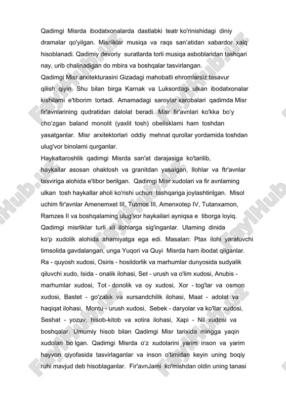 srliklar musiqa va raqs san’atidan xabardor xalq hisoblanadi. qadimiy devoriy suratlarda torli musiqa asboblaridan tashqari nay, urib chalinadigan do mbira va boshqalar tasvirlangan. qadimgi misr arxitekturasini gizadagi mahobatli ehromlarsiz tasavur qilish qiyin. shu bilan birga karnak va luksordagi ulkan ibodatxonalar kishilami e'tiborim tortadi. amamadagi saroylar xarobalari qadimda misr fir'avnlarining qudratidan dalolat beradi. misr fir'avnlari ko'kka bo‘y cho‘zgan baland monolit (yaxlit tosh) obelisklami ham toshdan yasatganlar. misr arxitektorlari oddiy mehnat qurollar yordamida toshdan ulug'vor binolami qurganlar. haykaltaroshlik qadimgi misrda san'at darajasiga ko'tarilib, haykallar asosan ohaktosh va granitdan yasalgan, ilohlar va ftr'avnlar tasviriga alohida e'tibor berilgan. qadimgi misr xudolari va fir avnlaming ulkan tosh haykallar aholi ko'rishi uchun tashqariga joylashtirilgan. misol uchim fir'avnlar amenemxet iii, tutmos iii, amenxotep iv, tutanxamon, ramzes ii va boshqalaming ulug‘vor haykailari ayniqsa e tiborga loyiq. qadimgi misrliklar turli xil ilohlarga sig'inganlar. ulaming dinida ko‘p xudolik alohida ahamiyatga ega edi. masalan: ptax ilohi yaratuvchi timsolida gavdalangan, unga yuqori …