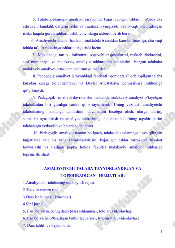 lar, individual ishlash, o‘zlashtirishi zaif, kuchli va iqtidorli va xulqi har xil o‘quvchilar bilan ishlash). 10.tarbiyaviy ishlar rejasi. 11.ochiq tarbiyaviy soat (ishlanma, fotolar, video) va bayonnoma. 12.ma‘naviy, sport, ma‘rifiy tadbirlar (ishlanma, fotolar, videolavha). 13. maktab tadbirlarida qatnashish (tashkilot rahbari muhrlagan ma‘lumotnoma, fotosuratlar, videolavha). hujjatlarga ilova qilinadi. 14. kundalik yuritish . 15. pedagogik - psixologik tavsifnoma tuzish ( bir o‘quvchiga). 16. pedagogik - psixologik tavsifnoma tuzish ( bir sinfga). 17. amaliyotchi-talabaga tavsifnoma (yozilib, tasdiqlangan holda). amaliyotning oxirgi haftasida hamma hujjatlar taxt qilinib, fakultet malakaviy amaliyot rahbariga topshiriladi va fakultetda amaliyot yakuniga bag’ishlangan himoya bo’lib o’tadi. qo`ngiroqlar jadvali № kirish chiqish tanaffus 1 2 3 4 5 6 ________ sinf dars jadvali dushanba seshanba chorshanba payshanba juma shanba № 1 2 3 4 5 6 urganch davlat universiteti pedagogika fakulteti “musiqa ta’limi” _____ guruh talabasi ________________________________________ ning 2022-2023 o‘quv yili ___ semestrida o‘tkazgan pedagogik amaliyot davri uchun shaxsiy ish reja 1-hafta t/№ …