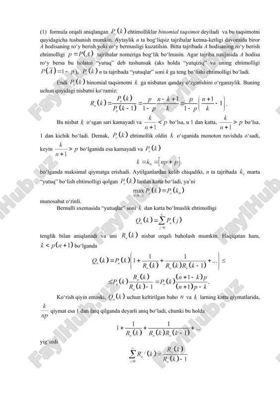 ilgan baho va larning katta qiymatlarida, qiymat esa 1 dan farq qilganda deyarli aniq bo‘ladi, chunki bu holda yig‘indi geometrik progressiya yig‘indisidan kam farq qiladi. demak, quyidagi taqribiy (2) munosabat o‘rinli bo‘ladi. masalan, bo‘lsin. bu holda bo‘lib, (1) formula bilan hisoblashlar ko‘rsatadiki, . berilgan qiymatlar uchun . demak, (2) munosabatning o‘ng tomoni . berilgan larning qiymatlarida ni bevosita hisoblasak, tartibdagi aniqlik bilan 0,040 qiymatni hosil qilamiz. bernulli sxemasi bilan bog‘liq bo‘lgan “tasodifiy joylashtirishlarga” taalluqli quyidagi masalani ko‘raylik. faraz qilaylik, 1-chi, 2-chi, ..., -chi deb belgilangan ta yacheykalarga ta zarracha tashlansin (solinsin). har bir zarracha ta yacheykalardan hohlagan bittasiga tushishi mumkinligidan ta zarrachani ta yacheykalarga tashlashlarni ta usul bilan joylashtirishi mumkin. zarrachalarning yacheykalarga joylashishini ta elementdan iborat bosh to‘plamdan hajmi n ga teng bo‘lgan qaytariladigan sxema bo‘yicha olingan tanlanmalar deb qabul qilish mumkin. u holda tanlanmalardan har biri ehtimollikga ega bo‘ladi. keltirilgan zarrachalarni yacheykalarga “joylashish” (“tushish”) sxemasi uchun i-chi yacheykaga k …