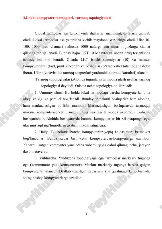 ishonchli va tez, shu bilan birga juda qimmat kabel turi. oraligʻi 100 km masofadagi tarmoq uchun qoʻllaniladi. oʻtkazish tezligi: 2 gbit/sek; 2.5-rasm. optik tolali kabel tarmoq kabellarini texnik koʻrsatkichi 2.1-jadval. kabel turi oʻtkazish tezligi, mbit/sek tarmoqni hosil qiluvchi nuqtalar orasidagi masofa kabel uzilganda tiklash mukinligi narxi koaksial kabellar 10 mbit/sek 500 m past 100 soʻm/metr juftli oʻram kabellari 100 mbit/sek 100 m yaxshi 200 soʻm/metr optik tolali kabellar 1-2 gbit/sek 100 km maxsus qurilmalar talab qilinadi 1000-3600 soʻm/metr lokal tarmoqlarning qoʻllanish sohasi juda keng. bunga ofis ishlarini avtomatlashtirish, korxona boshqaruv sistemalari, loyihalarni avtomatlashtirish texnologik jarayonlari va robototexnika komplekslari, bank va axborot sistemalari, elektron pochta sistemalarini boshqarish kiradi. windows osda lokal tarmogʻni sozlash va ishlatish uchun juda qulayligini albatta e’tirof etish kerak. tarmoq bilan ishlashdan avval, agar sizning kompyuteringiz lokal tarmoqqa ulanmagan boʻlsa, sozlash ishlari olib boriladi. kompyuter tarmoqda ishlashi uchun uni sozlash jarayoni quyidagicha: avvalo kompyuterda tarmoq plata (karta) borligiga …