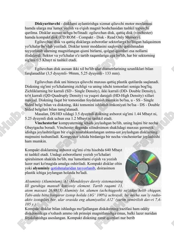 a`lumotlarni kiritish - chiqarish qurilmalari. kompyuterga turli shakldagi axborotlarni kiritish yoki chiqarish uchun xizmat qiluvchi qurilmalarni ma`lumotlarni kiritish - chiqarish qurilmalari (mkchq) deb yuritiladi. ularni ba`zida maxalliy qurilmalar deb xam ataydilar. eng asosiy ma`lumotlarni kiritish - chiqarish qurilmalari, safiga monitor (displey), klaviatura va diskyurituvchi qurilmalari kiradi. kompyuterga turli shakldagi axborotlar kiritishning yo'llaridan biri klaviaturada joylashgan tugmalar ko'magida amalga oshiriladi. aniq bir tugmani yoki tugmalar birikmasini bosilishiga aynan mos ikkilik kodni kiritilishiga olib keladi, buning boisi shifrlovchi deb yuritiladigan - mikrosxema ma`lum bir tugma bosilishida hosil bo'ladigan signalni ikkilik kodga aylantirib beradi. monitor kompyuterning ish jarayonida vujudga keladigan axborotlarning zarur qismini ekranda yoritib berishni ta`minlaydi. monitor matn yoki grafik rejimda ishlaydi. matn rejimida ekran belgi o'rinlari deb yuritiluvchi alohida qismlarga bo'linadi. grafik rejimda ekran piksel deb ataluvchi nuqtalar to'plamidan tashkil topadi. ikkala rejimda ham belgi yoki pikselning ranglari, fonning rangi, ravshanligi va boshqa parametrlar xaqidagi ma`lumotlar videoxotirada saqlanadi. monitordagi piksellarning umumiy …