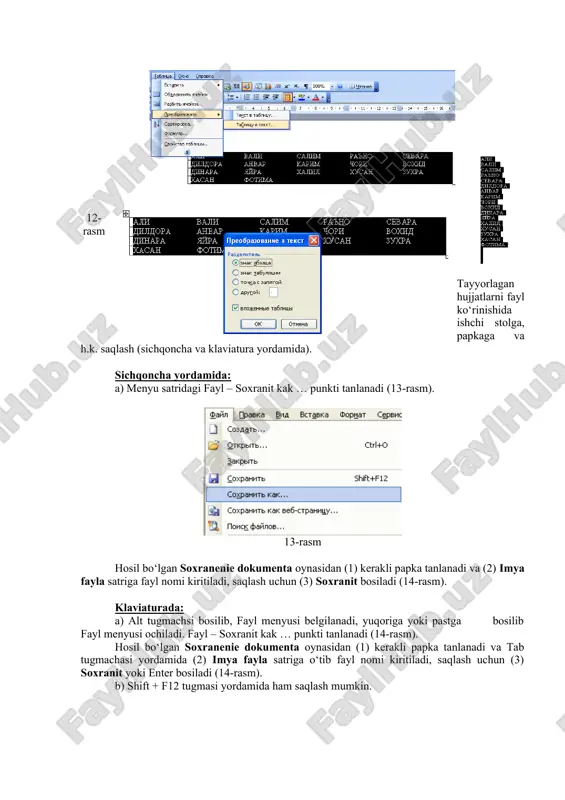 ladi. menyudan format ryadov dannix tanlanadi. quyidagi hosil bo‘lgan oynadan kerakli formatlar tanlanadi: diagramma parametrlarini qo‘yish va formatlash diagramma parametrlarini qo‘yish uchun menyu satridagi diagramma – parametri diagrammi tanlanadi yoki diagramma sohasida sichqoncha o‘ng tugmachasi bosiladi, hosil bo‘lgan menyudan parametri diagrammi tanlanadi natijada quyidagi parametri diagrammi oynasi hosil bo‘ladi bu oynadan zagolovki punktida diagramma nomi va x, u o‘qlarini nomlari kiritiladi. podpisi dannix punktidan qiymatlar qo‘yiladi. diagramma “legenda”sini joylashtirish va formatlash diagrammaning o‘ng tomonida vostok, zapad va sever deb ko‘rsatilgan qismi legenda hisoblanadi. legenda diagrammaga izoh sifatida beriladi. uni formatlash uchun sichqoncha ko‘rsatkichi legenda ustiga qo‘yiladi va o‘ng tugmachasi bosiladi. hosil bo‘lgan menyudan format legendi tanlanadi. yoki menyu satridagi diagramma – parametri diagrammi tanlanadi. hosil bo‘lgan oynadan kerakli formatlar tanlanadi. amaliy qism. 1. word dasturini ishga tushirish (sichqoncha, klaviatura yordamida) 2. berilgan jadvalni yaratish va to‘ldirish (sichqoncha va klaviatura yordamida). 3. ustun, qatorlarni qo‘shish va o‘chirish (sichqoncha va klaviatura yordamida). …