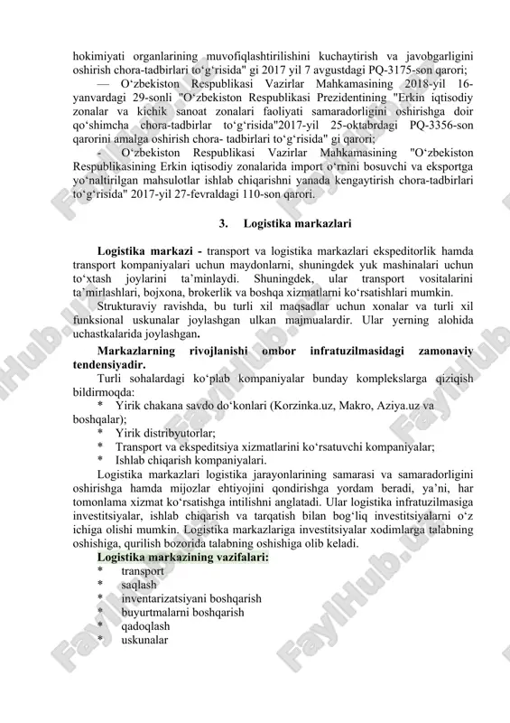 angan muddat tugashidan kamida uch yil oldin amalga oshiriladi. normativ-huquqiy hujjatlar · o‘zbekiston respublikasining"maxsus iqtisodiy zonalar to‘g‘risida" 17.02.2020-yildagi o‘rq-604-sonli qonuni; -o‘zbekiston respublikasi prezidentining 2018-yil 21-dekabrdagi pf-5600- sonli "erkin iqtisodiy zonalar faoliyatini muvofiqlashtirish va boshqarish tizimini yanada takomillashtirish chora-tadbirlari to‘g‘risida" gi farmoni -o‘zbekiston respublikasi prezidentining 2018-yil 6-apreldagi "baliqchilik tarmog‘ini jadal rivojlantirish bo‘yicha qo‘shimcha chora-tadbirlar to‘g‘risida" gi pq- 3657-son qarori; -o‘zbekiston respublikasi prezidentining "sirdaryo erkin iqtisodiy zonasini tashkil etish chora-tadbirlari to‘g‘risida "2018-yil 12-apreldagi pf-5412-son farmoni; -o‘zbekiston respublikasi prezidentining "erkin iqtisodiy zonalar faoliyatining samarali ishlashi uchun vazirliklar, idoralar, mahalliy davlat hokimiyati organlarining muvofiqlashtirilishini kuchaytirish va javobgarligini oshirish chora-tadbirlari to‘g‘risida" gi 2017 yil 7 avgustdagi pq-3175-son qarori; — o‘zbekiston respublikasi vazirlar mahkamasining 2018-yil 16-yanvardagi 29-sonli "o‘zbekiston respublikasi prezidentining "erkin iqtisodiy zonalar va kichik sanoat zonalari faoliyati samaradorligini oshirishga doir qo‘shimcha chora-tadbirlar to‘g‘risida"2017-yil 25-oktabrdagi pq-3356-son qarorini amalga oshirish chora- tadbirlari to‘g‘risida" gi qarori; · o‘zbekiston respublikasi vazirlar mahkamasining "o‘zbekiston respublikasining erkin iqtisodiy zonalarida import o‘rnini …