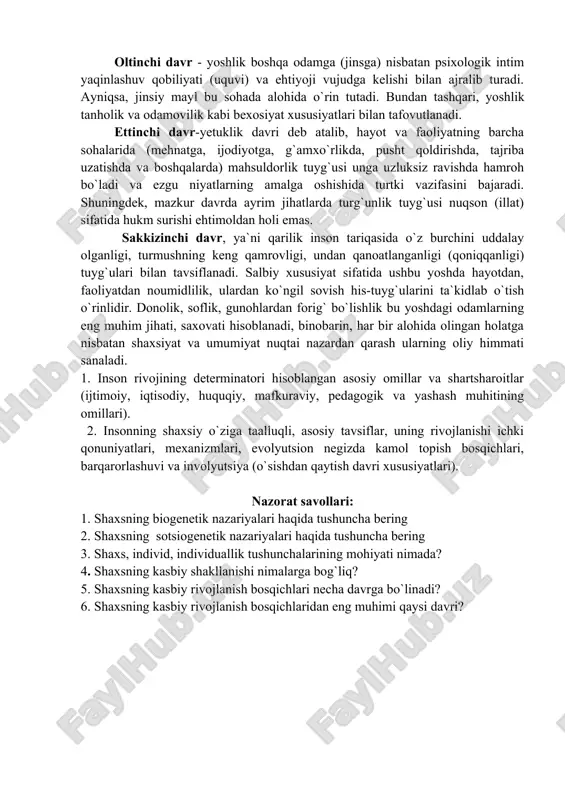 qini tahlil qiluvchi nazariya psixodinamika deyiladi. mazkur nazariyaning yirik namoyandalaridan biri-bu amerikalik psixolog e.eriksondir. u shaxs rivojini 8 ta davrga ajratadi va ularning har qaysisi o`ziga xos betakror xususiyatga egadir. birinchi davr - go`daklik. ushbu davrda go`dakda ongsizlikka asoslangan tashqi dunyoga nisbatan “ishonch” tuyg`usi vujudga keladi. buning bosh sababchisi ota-onaning mehr-muhabbati, g`amxo`rligi va jonkuyarligining nishonasidir. agarda go`dakda ishonch negizi paydo bo`lmasa, balki borliqqa nisbatan ishonchsizlik hissi tug`ilsa, u taqdirda voyaga yetgan odamlarda umidsizlik shaklida aks etuvchi xavf vujudga kelishi, ehtimol. ikkinchi davrda, ya`ni ilk bolalikda jonzodda yarim mustaqqillik va shaxsiy qadr-qimmat tuyg`usi shakllanadi, yoki aksincha, ularning qarama-qarshisi bo`lmish uyat va shubha hissi hosil bo`ladi. bolada mustaqillikning o`sishi, o`z tanasini boshqarishga keng imkoniyat yaratib, bo`lg`usida shaxs xususiyatlariga aylanuvchi tartib va intizom, mas`uliyat, javobgarlik, hurmat tuyg`ularini tarkib toptirishga puxta zamin hozirlaydi. uchinchi davr-o`yin yoshi deb atalib 5 yoshdan 7 yoshgacha bo`lgan bolalarni o`ziga qamrab oladi. mazkur davrda tashabbus tuyg`usi, qaysidir ishni amalga …