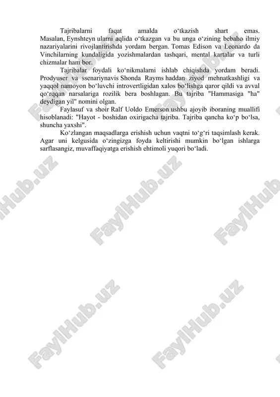 t-sharoitlarga qaramay, har birimiz dunyoning eng badavlat kishilaridan biri bo‘lgan bill geytsning sevimli resursi bo‘lgan kitoblarni o‘qish imkoniga egamiz. bu o‘z bilim darajamizni oshirishning tejamkor va juda samarali usulidir. uinston cherchill kuniga bir necha soat biografik, tarixiy, iqtisodiy va falasafaga oid kitoblarni mutolaa qilgan. teodor ruzvelt band kunlari 1tadan va ishdan bo‘sh kunlari 2-3 tadan kitob o‘qigan. mark kyuban kuniga 3 soatdan ortiq kitob o‘qiydi. milliarder devid rubenshteyn haftasiga 6tadan kitob o‘qiydi. ilon mask yoshligida haftasiga 2tadan kitob o‘qigan. disney bosh direktori bob ayger esa har kuni tonggi 4:30da kitob o‘qish uchun uyg‘onadi. bu ro‘yxatni cheksiz davom ettirish mumkin. o‘qish xotirani yaxshilaydi, empatiya darajasini oshiradi va stress darajasini kamaytiradi, shu tariqa oldimizga qo‘yilgan maqsadlarimizga erishishga yordam beradi. 5. qiziqishlaringiz bo‘yicha suhbatdosh toping yozuvchi joshua shenkaning fikricha, ijodiy salohiyat boshqa odamlar bilan muloqot qilish natijasida rivojlanadi. u o‘zining powers of two kitobida birgalikdagi sa'y-harakatlar natijasida katta cho‘qqilarni zabt etgan duetlar haqida …